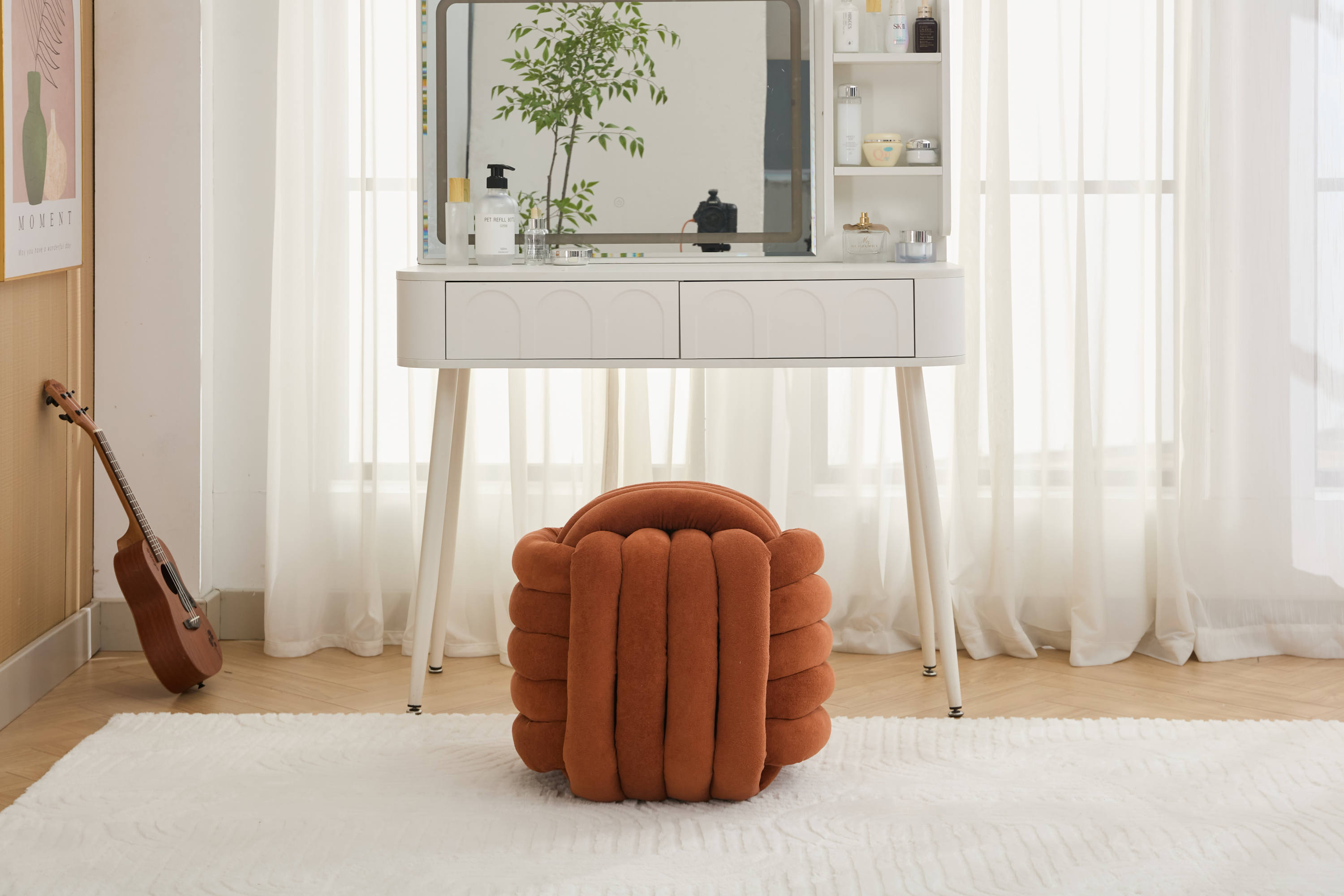 060-Chenille Fabric Modern Knot Design Ottoman Makeup Stool Footstool, Comfortable and Stylish Seat for Living Room, Bedroom,Orange