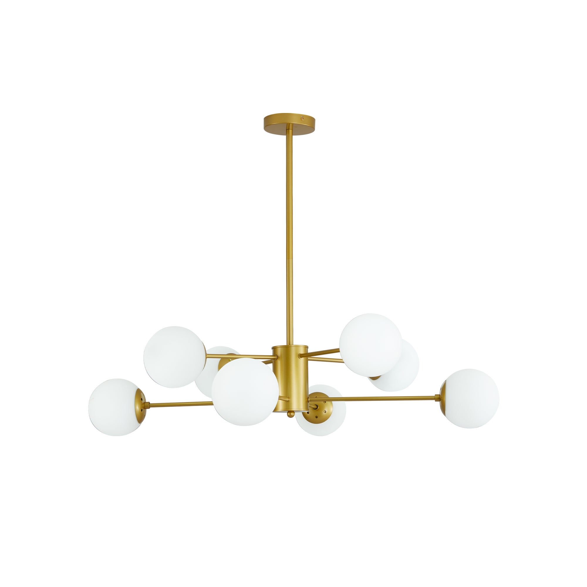 35' Modern 8-Light Gold Chandelier with White Glass Globe Shades, Mid-Century Branching Design, Elegant Ceiling Light Fixture for Dining Room, Living Room, or Bedroom (No Bulbs)