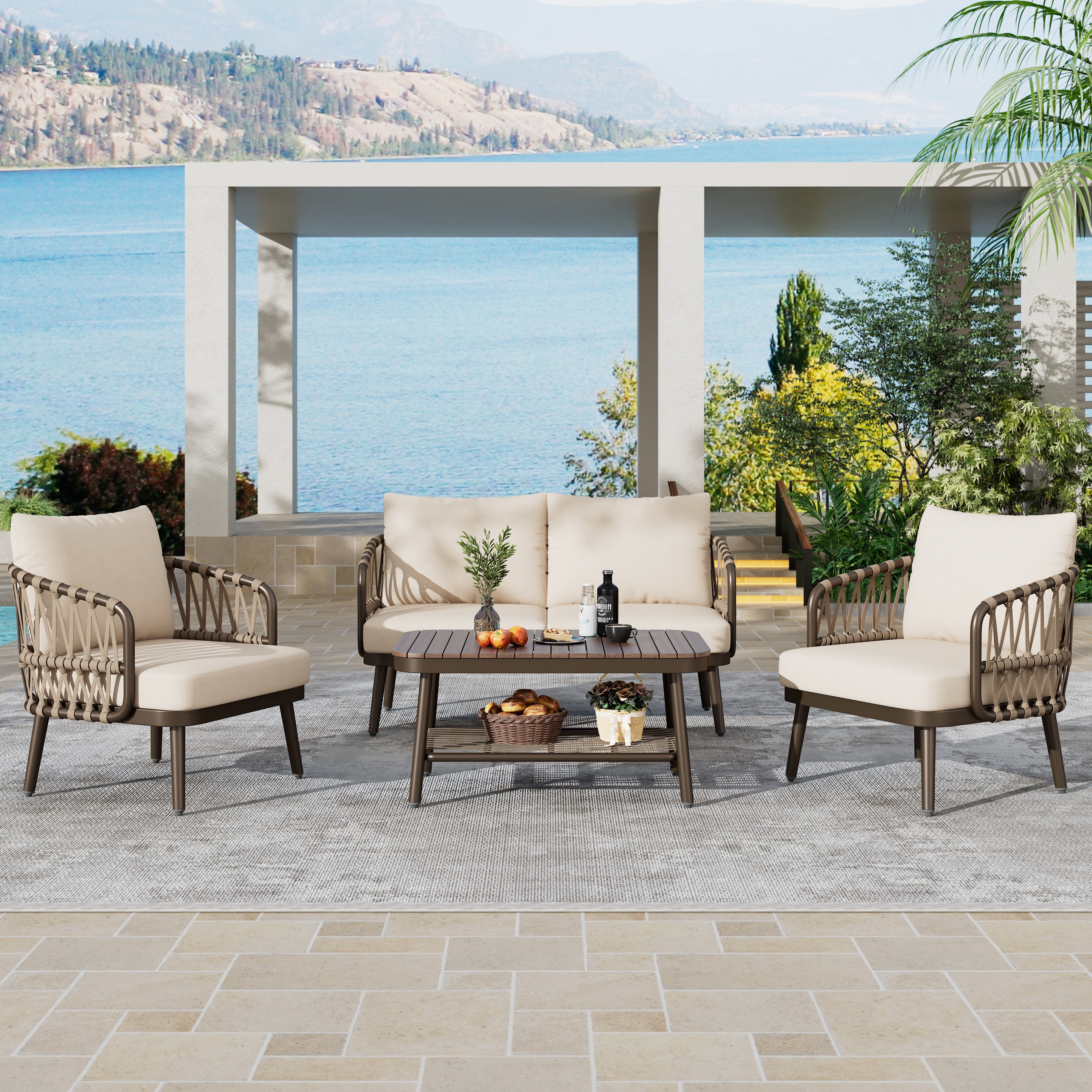 4-Piece Outdoor Patio Furniture Set – Metal Chairs with Woven Rope U-Shaped Backrest & Coffee Table | Brown & Beige Conversation Set for Garden, Poolside, Balcony