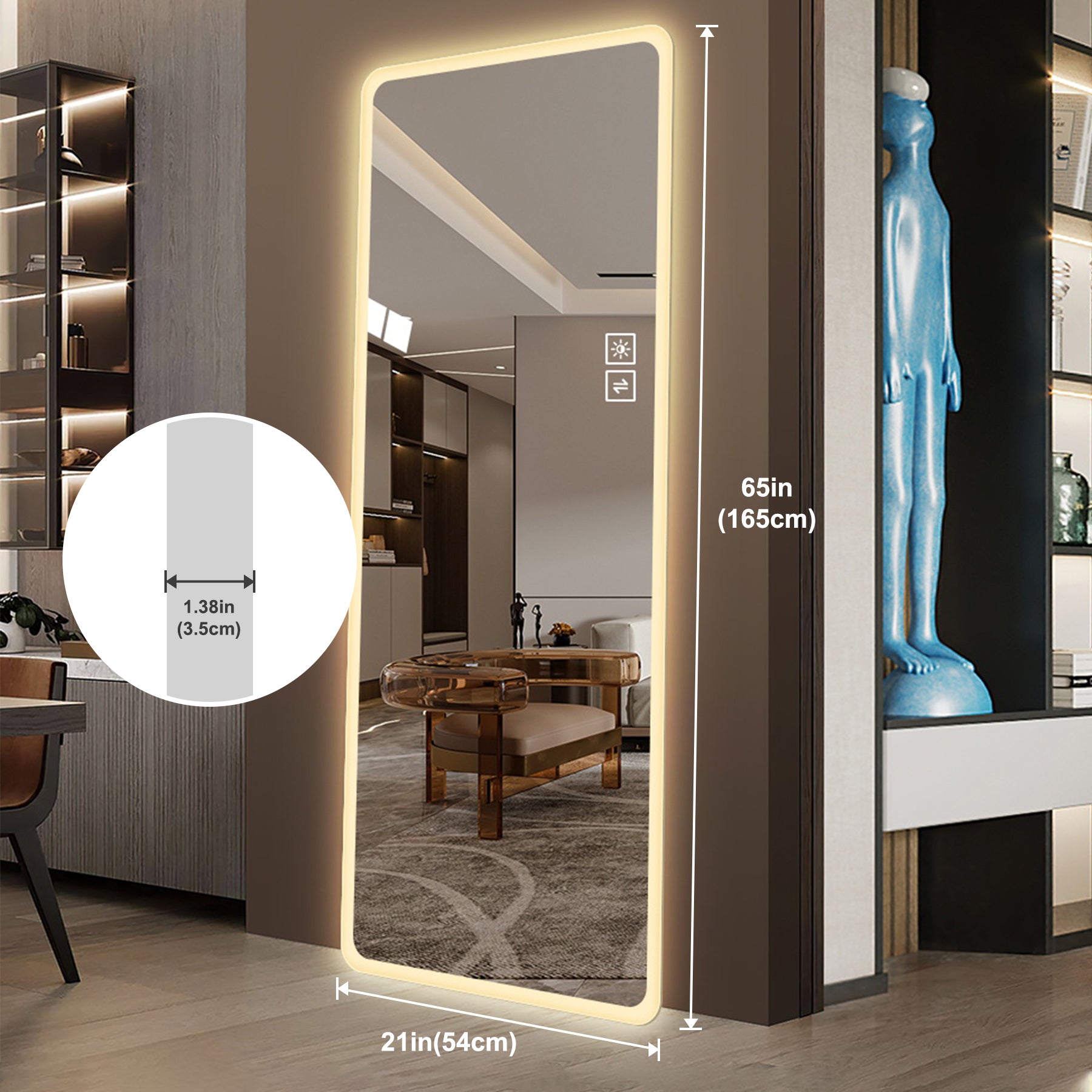 Full Length Mirror Lighted Vanity Body Mirror LED Mirror Wall-Mounted Mirror Big Size Rounded Corners, Bedroom,Living Room,Dressing Room Hotel