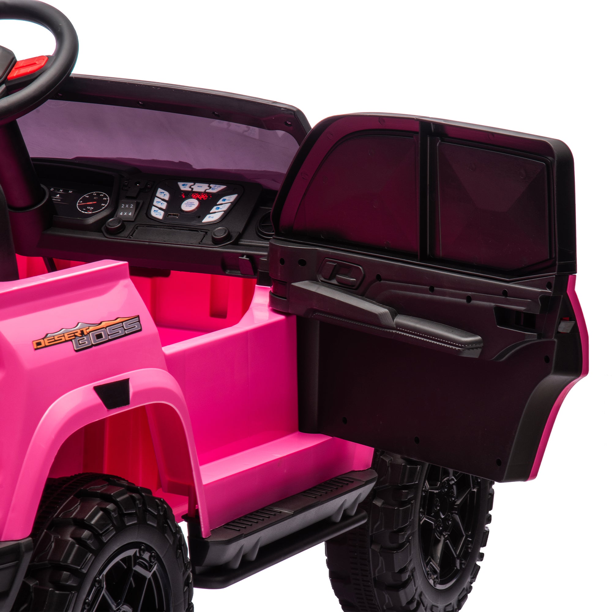 24V10A Two-seater Kids Ride On Electric Pickup, kids ride on toy W/parents remote control,4WD 800W motors,Two Safety belts,High Gate Safety Design,USB,Bluetooth, Speed 2.49-3.73MPH for kids aged 3+.