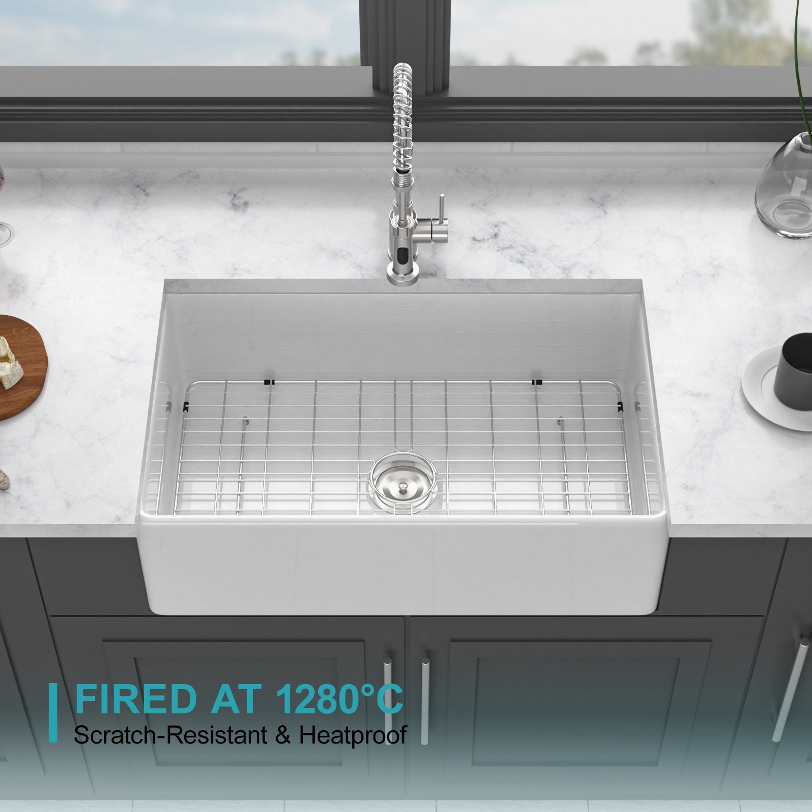 White Kitchen Sink - 33 inch White Porcelain Ceramic Single Bowl Reversible Design Kitchen Sink