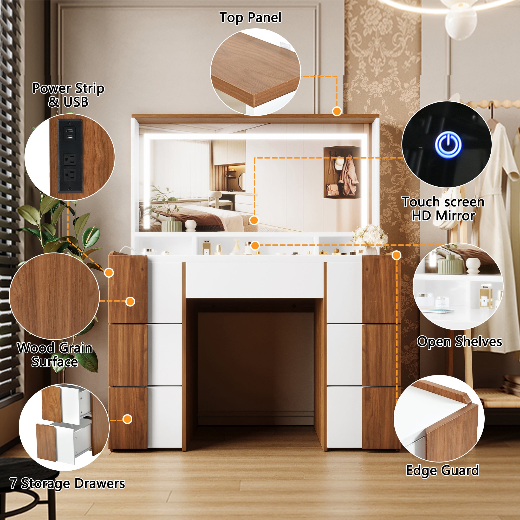 4.4" Elegant Vanity Table with Lighted Mirror & Power Outlet – Makeup Dressing Table with 7 Drawers, Storage Shelves, and Brown Solid Wood-Style Finish