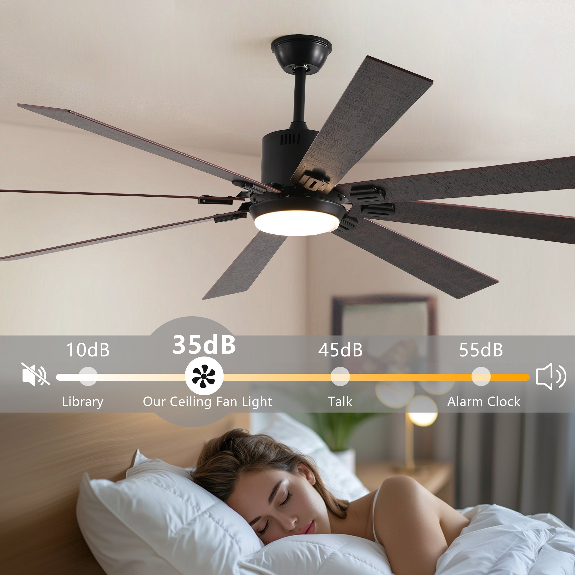 72" Walnut LED Ceiling Fan with Light | 8 Wooden Blades, Adjustable Color Temperature & Remote Control
