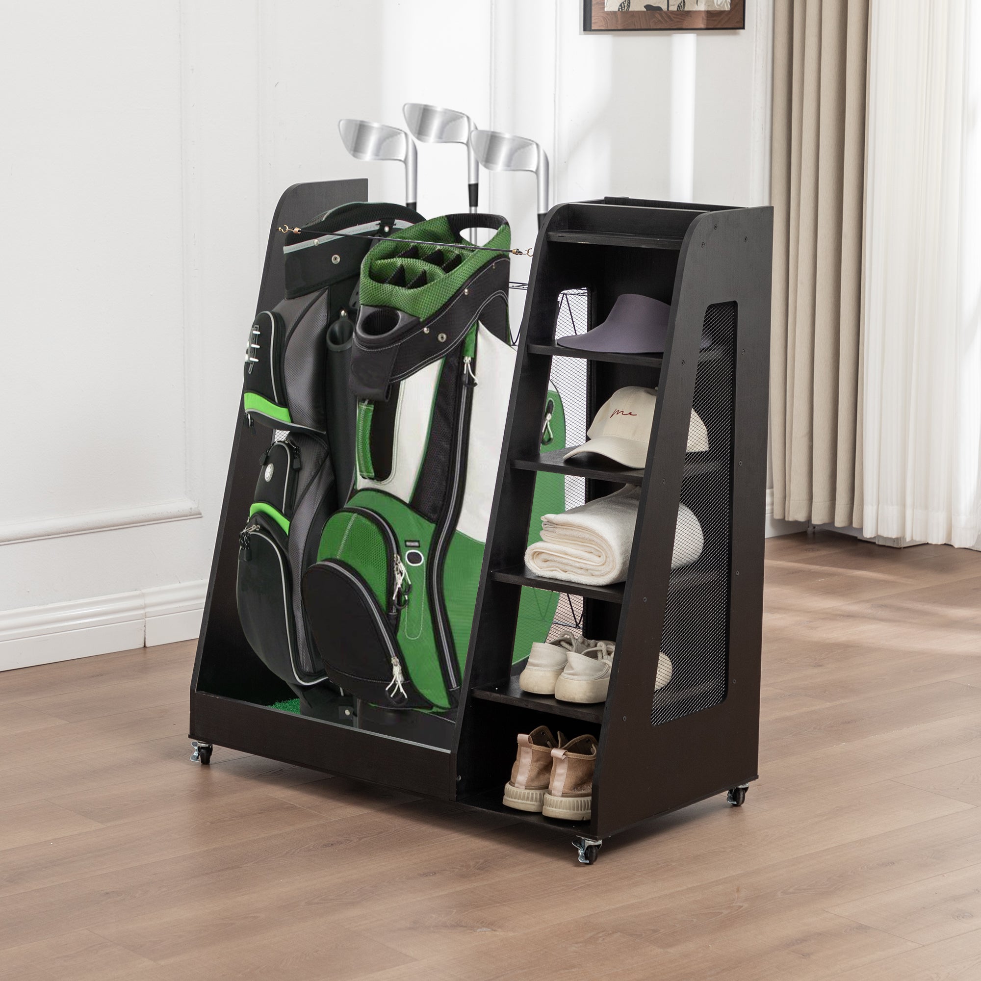 Golf Bag Organizer for Garage, Premium Wooden Golf Clubs Storage Rack Fit 2 Golf Bags, Golf Trunk Organizer for Car Garage Club Shed Basement,Black