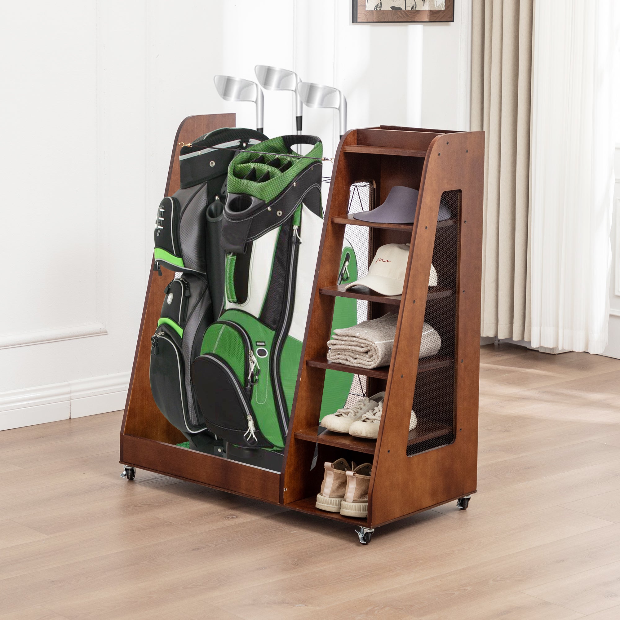 Golf Bag Organizer for Garage, Premium Wooden Golf Clubs Storage Rack Fit 2 Golf Bags, Golf Trunk Organizer for Car Garage Club Shed Basement,Brown