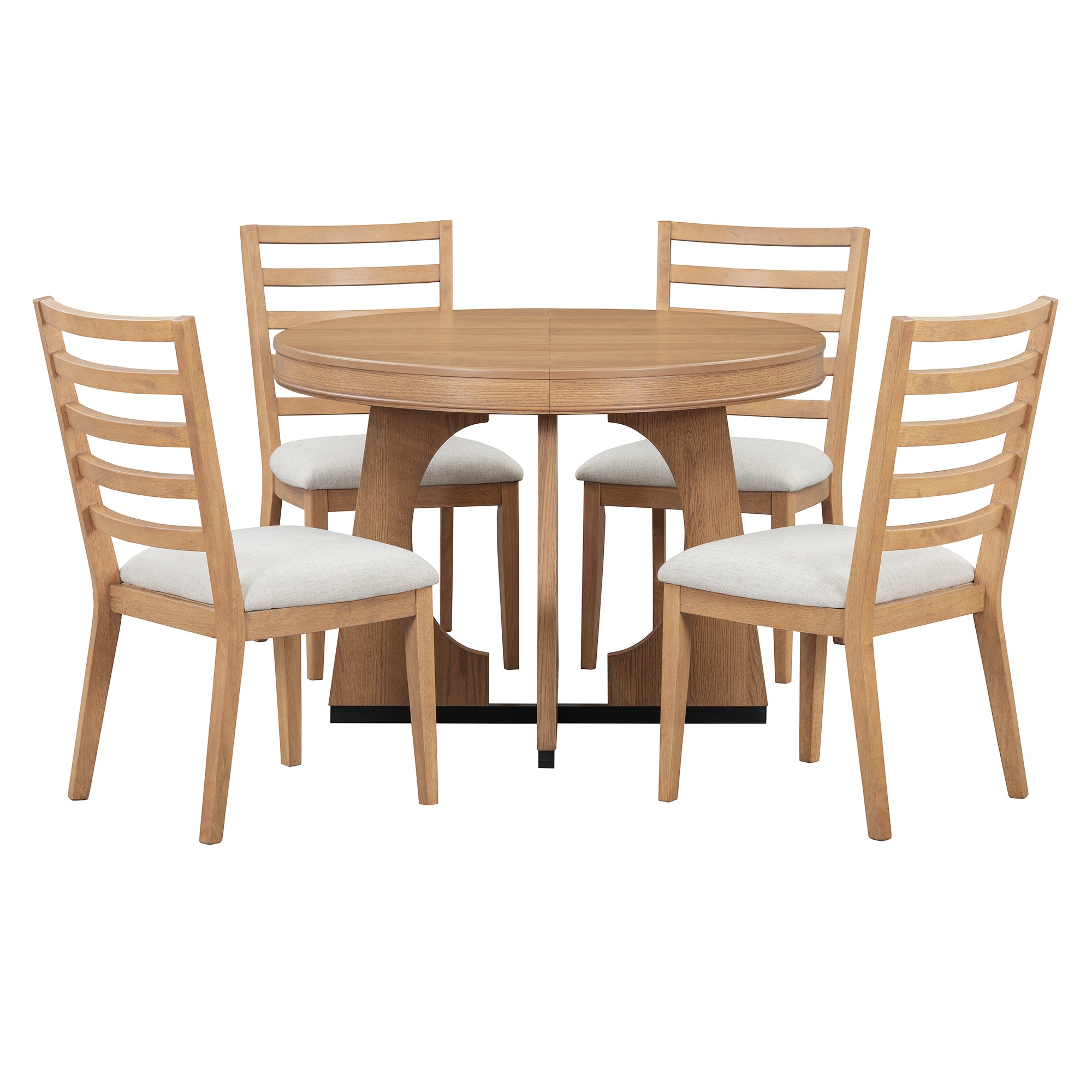 TREXM 5-Piece Retro Rustic Functional Dining Set – 1 Extendable Table with 16-Inch Leaf and 4 Upholstered Chairs, Unique Geometric Design, Ideal for Dining Room and Kitchen (Natural)