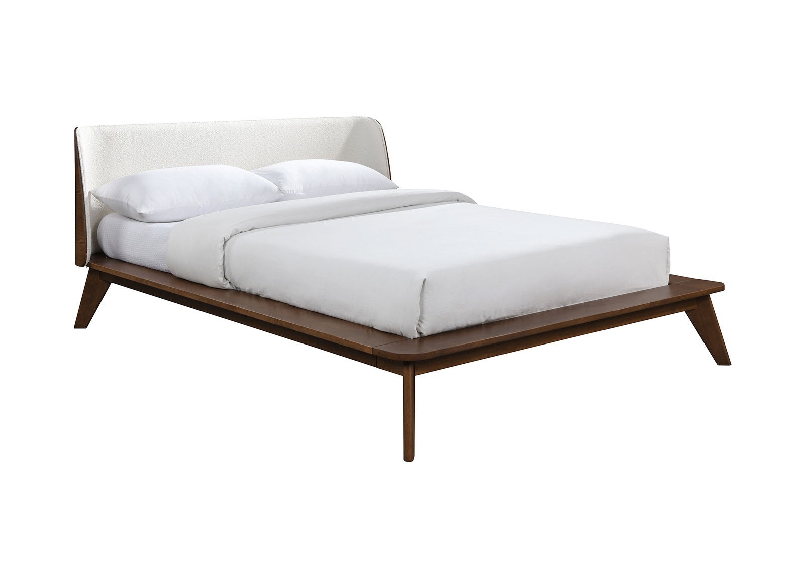 Walnut / Beige Color Full Size Bed 1pc Fabric Winged Edge Headboard Platform Bedframe Mattress Ready Mid-Century Modern Style