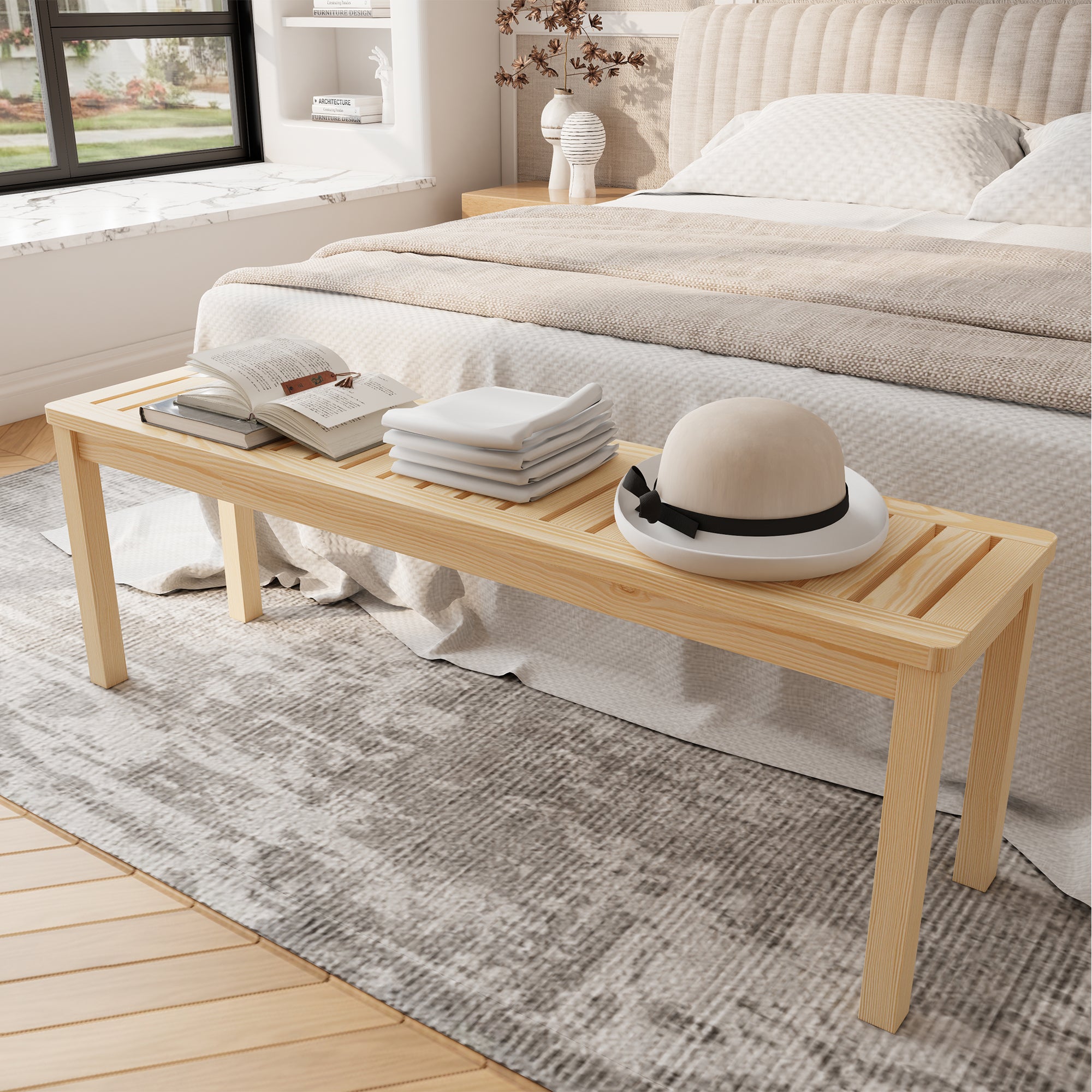 52＂Shoe Bench Solid Wood bedroom Bench Modern Design for Entryway, Hallway, Living Room, Closet, Front Door Entrance, Foyer