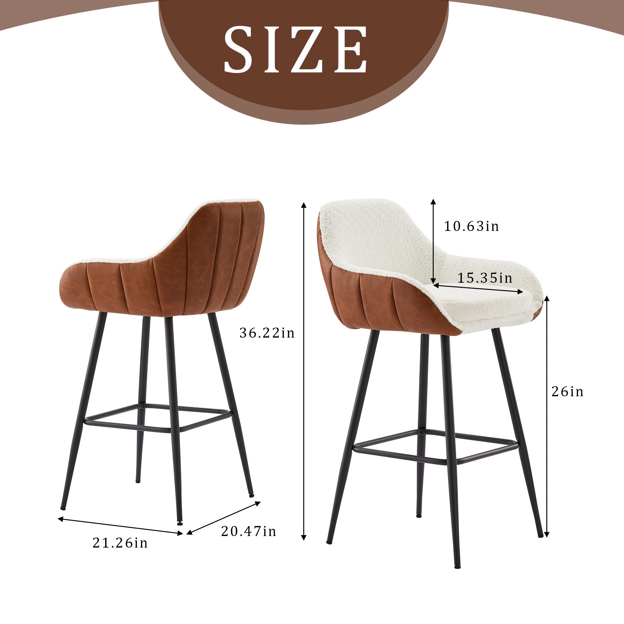 26" Modern Counter Height Bar Stools Set of 2, Mid Century Leather Upholstered Accent Arm Bar Stools, Leisure Side Chair with Metal Legs for Kitchen&Dining Room