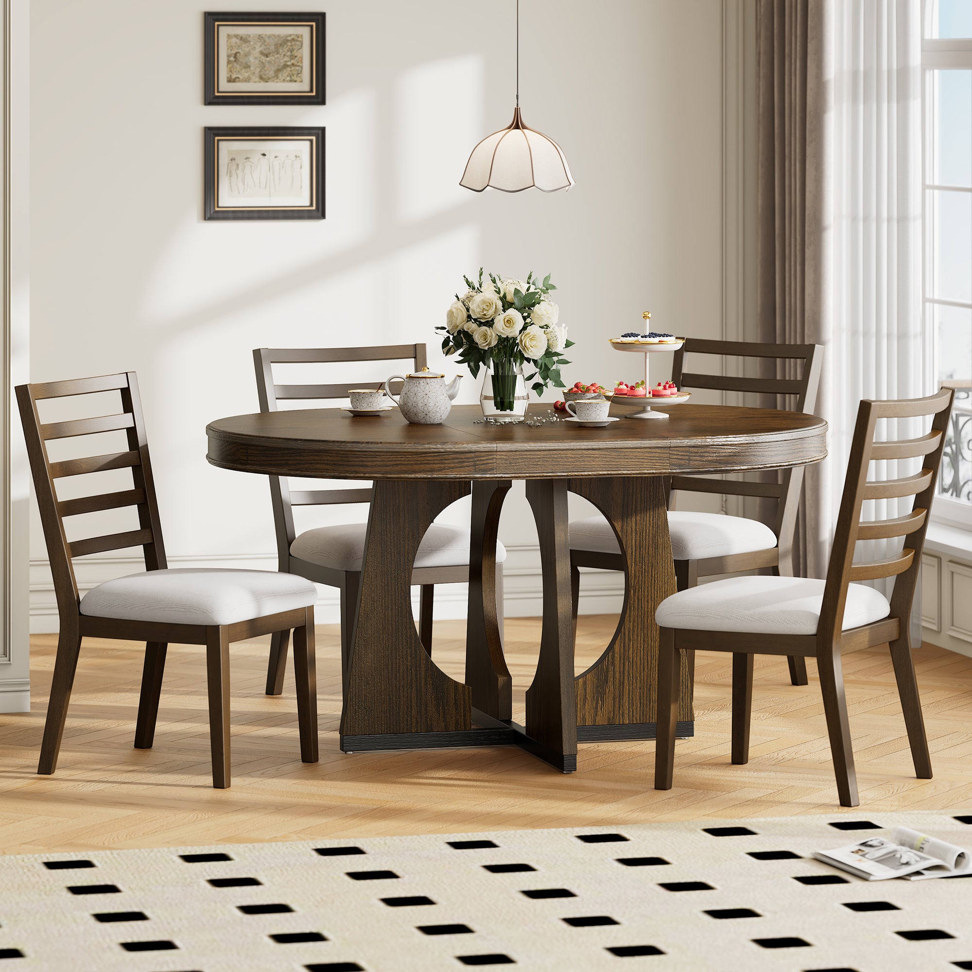 TREXM 5-Piece Round Dining Table Set for 4 – Extendable Dining Table with 16" Removable Leaf and Chairs, Retro Geometric Design for Kitchen or Dining Room, Walnut Finish