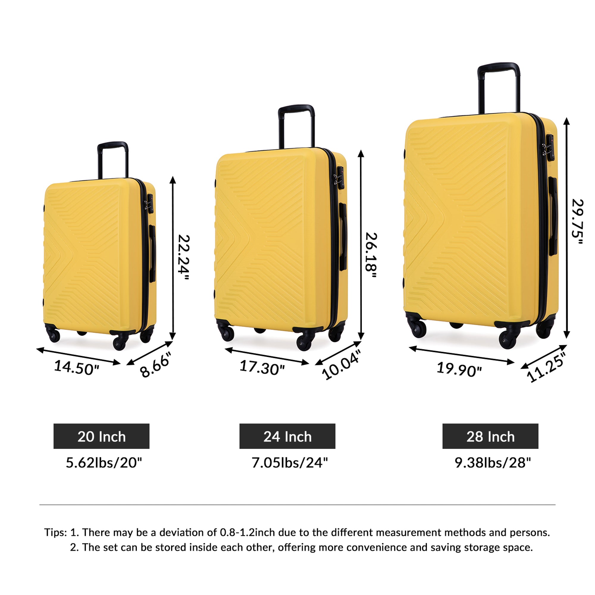 ABS Lightweight 3 Piece Luggage Sets with Spinner Wheels and TSA Lock in Yellow (20/24/28)