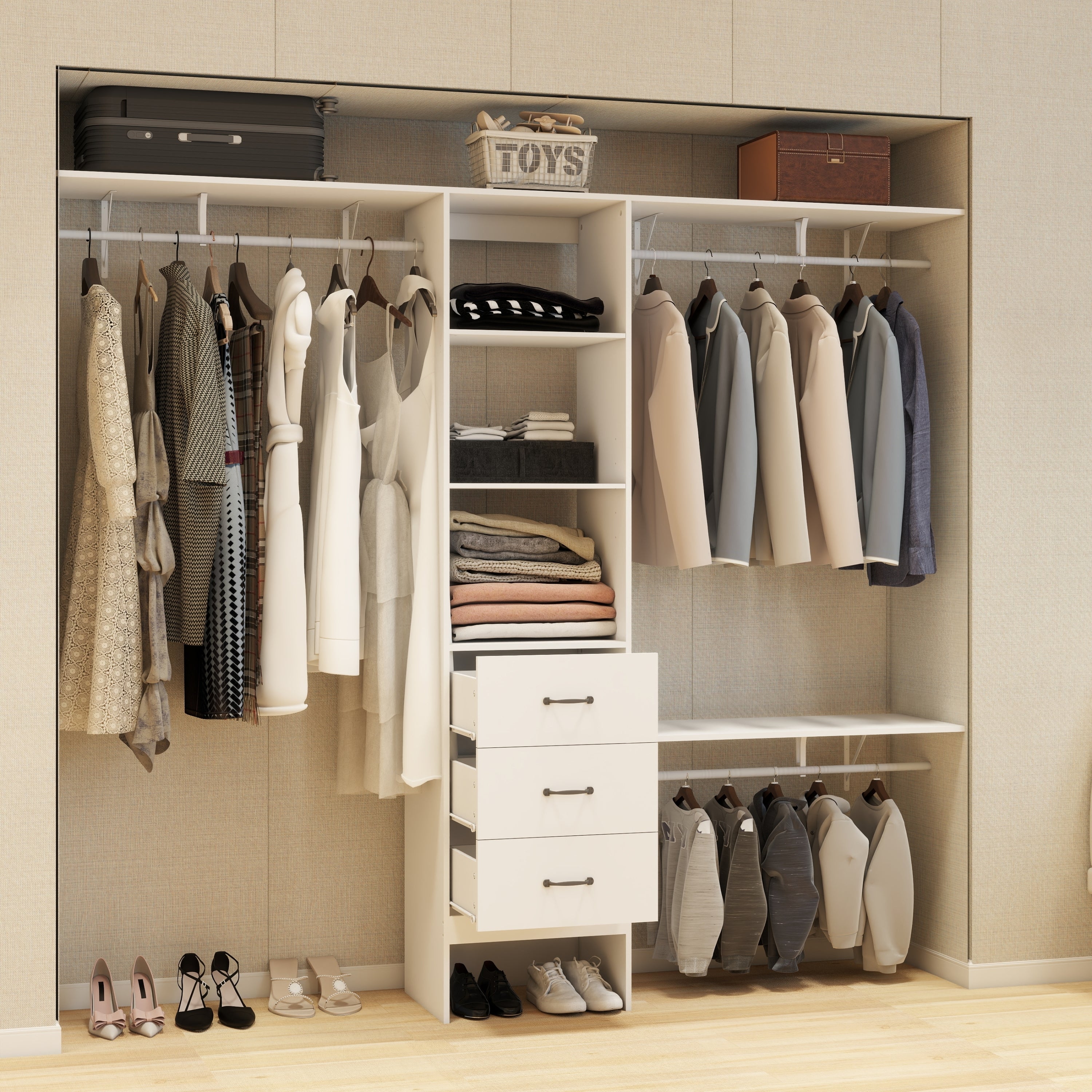 96 Inches Closet System, 8FT Walk In Closet Organizer with 3 Adjustable Shelves & 3 Expandable Hanger Rods & 3 Drawers, Built-In Garment Rack, 96"L x 16"W x 82"H, Load 1000 LBS-White