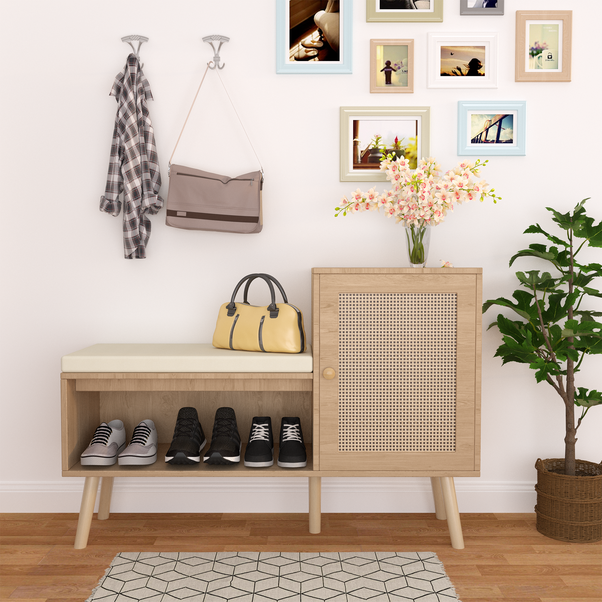 2-in-1 Shoe Storage Bench, Natural Rattan Shoe Cabinet with Adjustable Shelves & Removable Seat Cushion – Modern Entryway Bench, Shoe Storage Organizer for Hallway, Bedroom