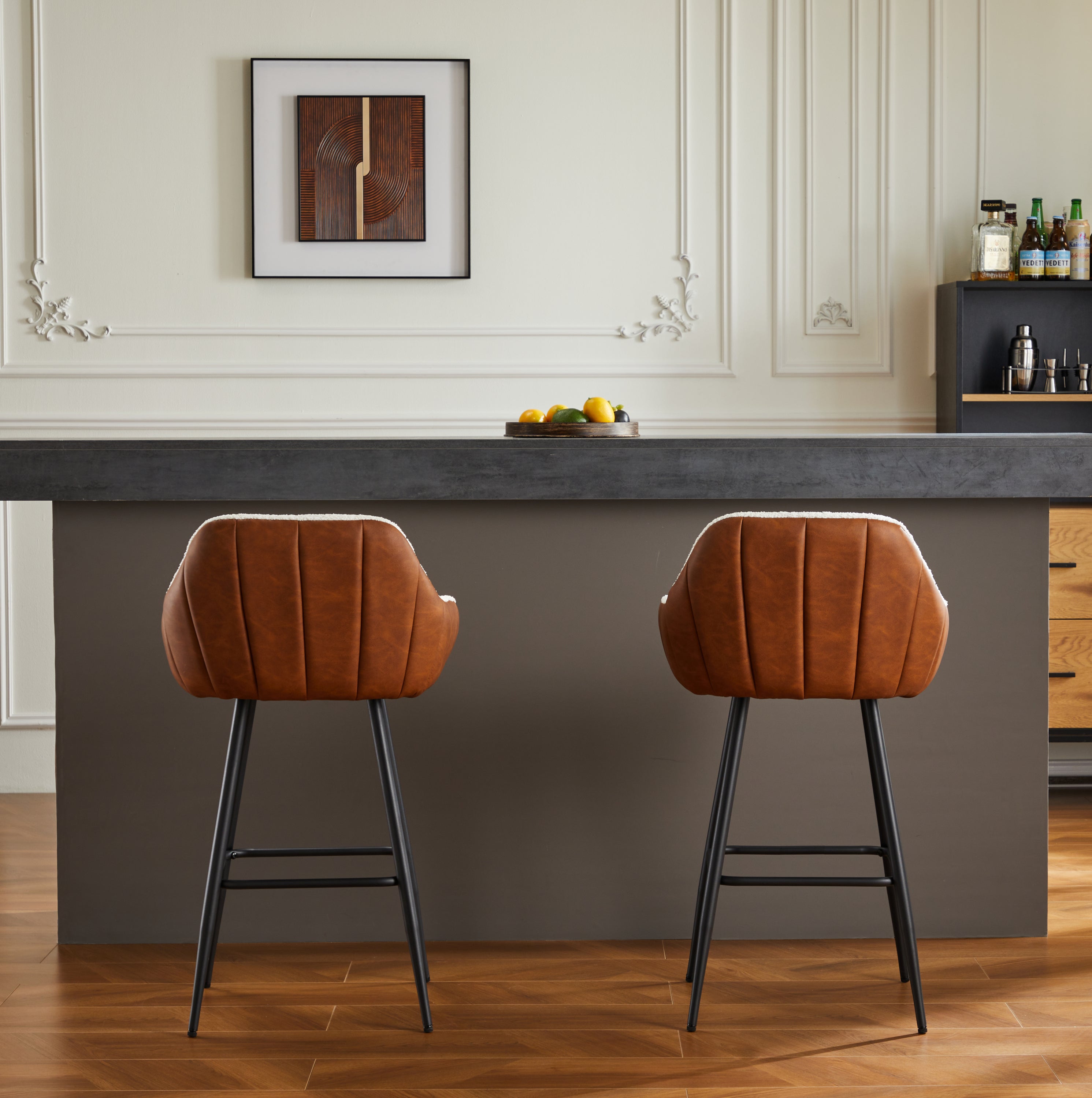 26" Modern Counter Height Bar Stools Set of 2, Mid Century Leather Upholstered Accent Arm Bar Stools, Leisure Side Chair with Metal Legs for Kitchen&Dining Room