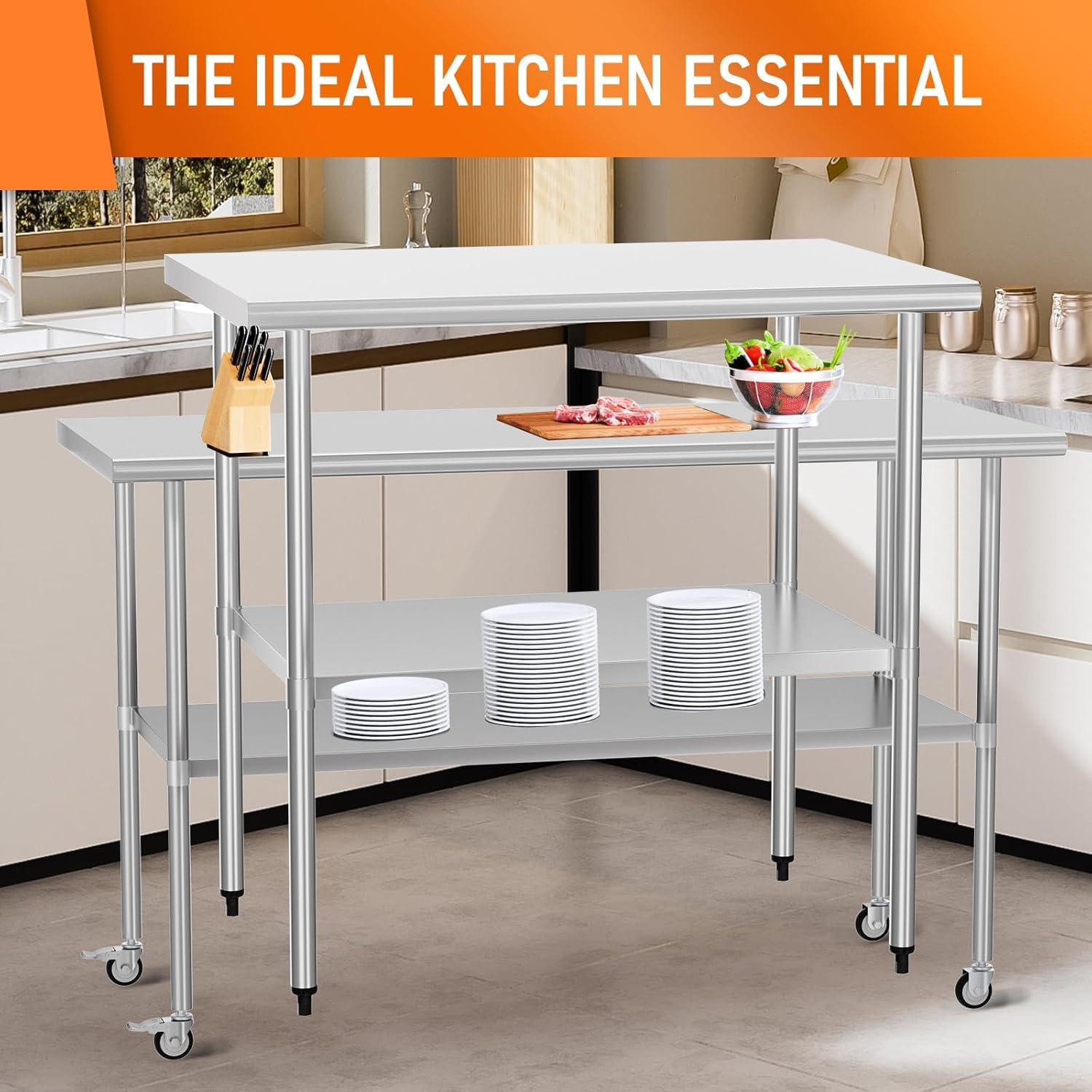 Stainless Steel Work Table 24x60 Inches with Wheels | Commercial Prep Table with Adjustable Undershelf