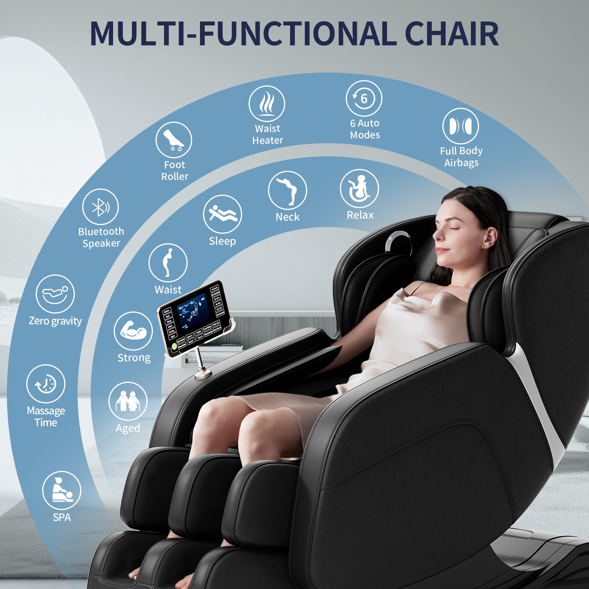 Full Body Massage Chair with Zero Gravity, Deep Tissue & Foot Massage, LCD Touch Screen, Bluetooth, Waist Heater, 8 Fixed Rollers, For 5.1-5.75ft Height (Black)