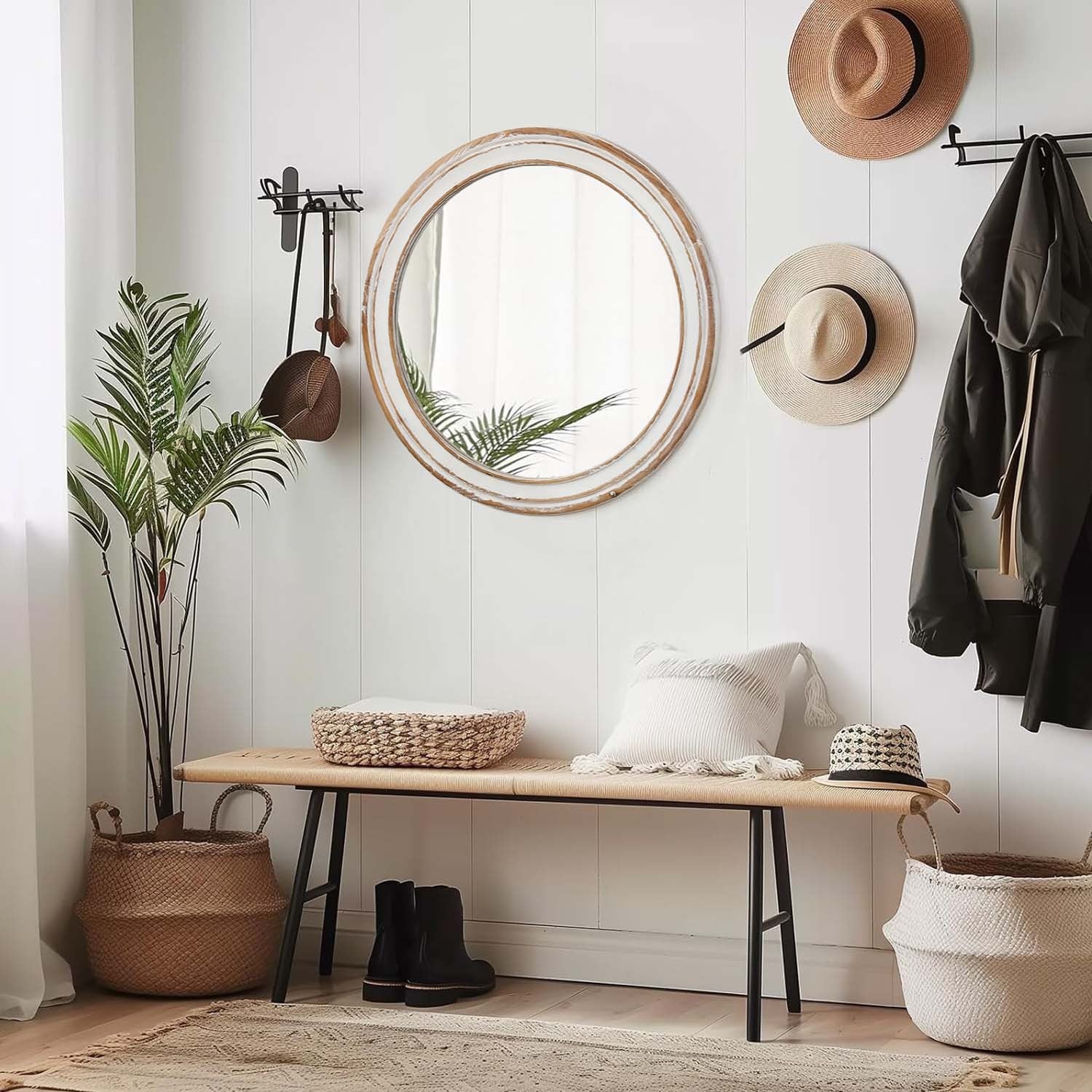  23.62" Round Wall Mirror for Bathroom Vanity, Wooden Farmhouse Circle Mirror with Whitewash Edge – Decorative Mirror for Bedroom, Entryway, Living Room, Kitchen & Office
