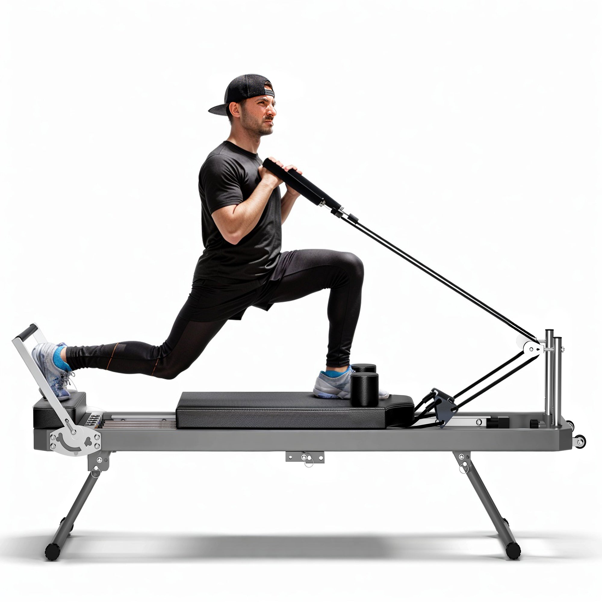 Extra Large Pilates Reformer – Multifunctional Home Fitness Machine with Resistance Cords & Aerobic Rebounder, 395lbs Capacity, Black