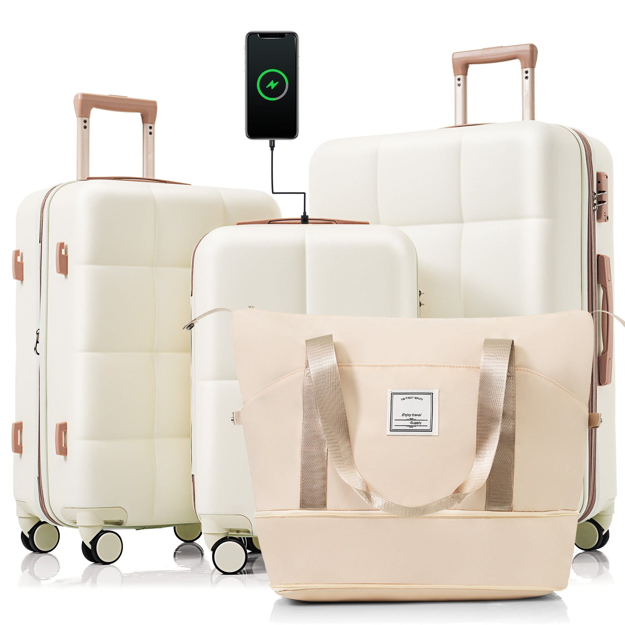 4-Piece Beige Luggage Set - USB Port, Cup Holder, Spinner Wheels