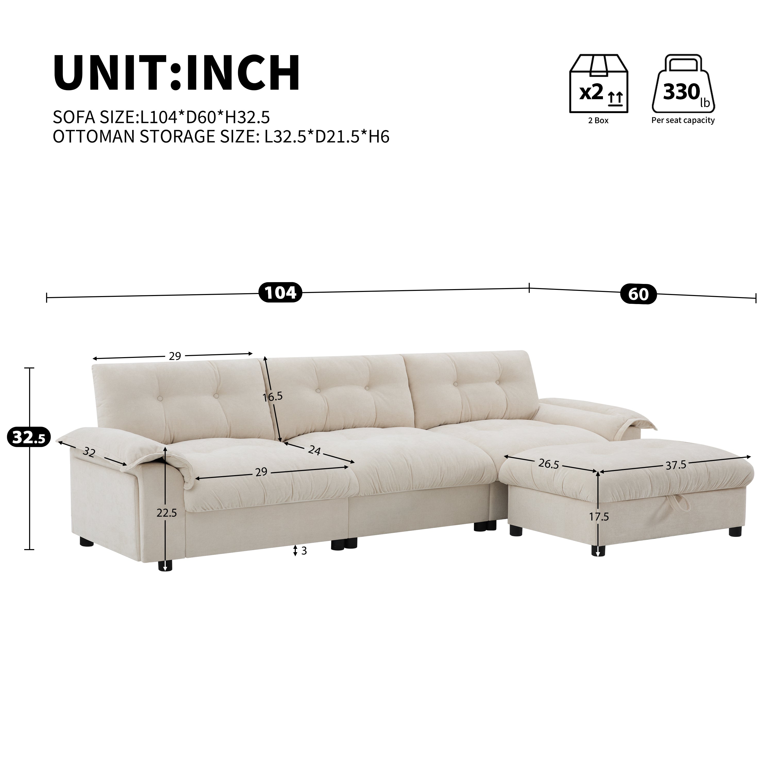 [VIDEO]104*60' Sectional Sofa, L-Shape with Multifunctional Armrest, Dual-Port Charging, Cup Holder, Side Storage Pockets, Movable Storage Ottoman, Unique Tufted Design, Soft Cushion, Chenille,3colors