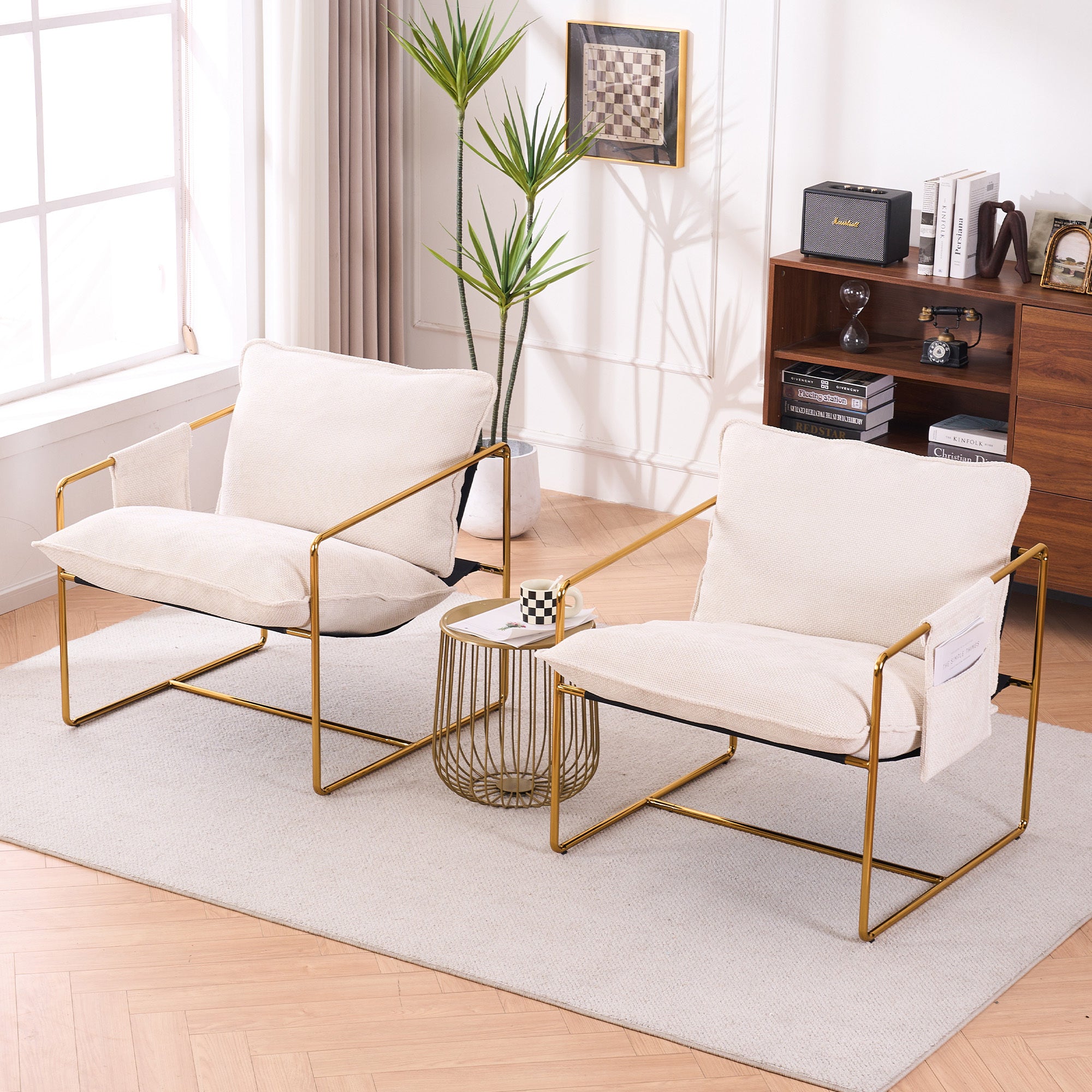 2 Chairs in 1 Box, Upholstered Hanging Armchair with Arm Pockets, Metal Frame, Gold-Plated Craftsmanship, Crushed Foam Cushions, Skin-Friendly Woven Fabric for Living Room and Bedroom, Beige
