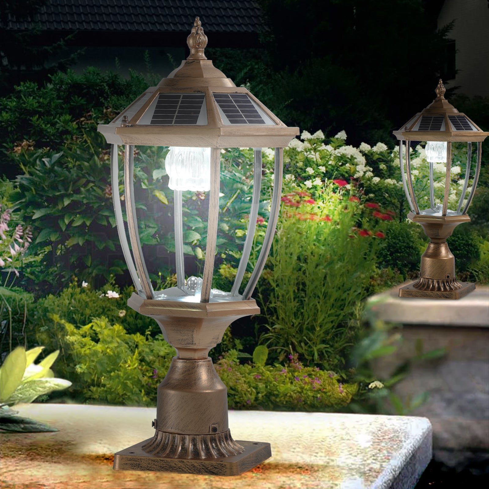 20'(H) Golden Solar Powered LED Outdoor Lantern, Vintage Garden Light with Elegant Glass Design for Pathways, Yards, and Patios (2-Pack)
