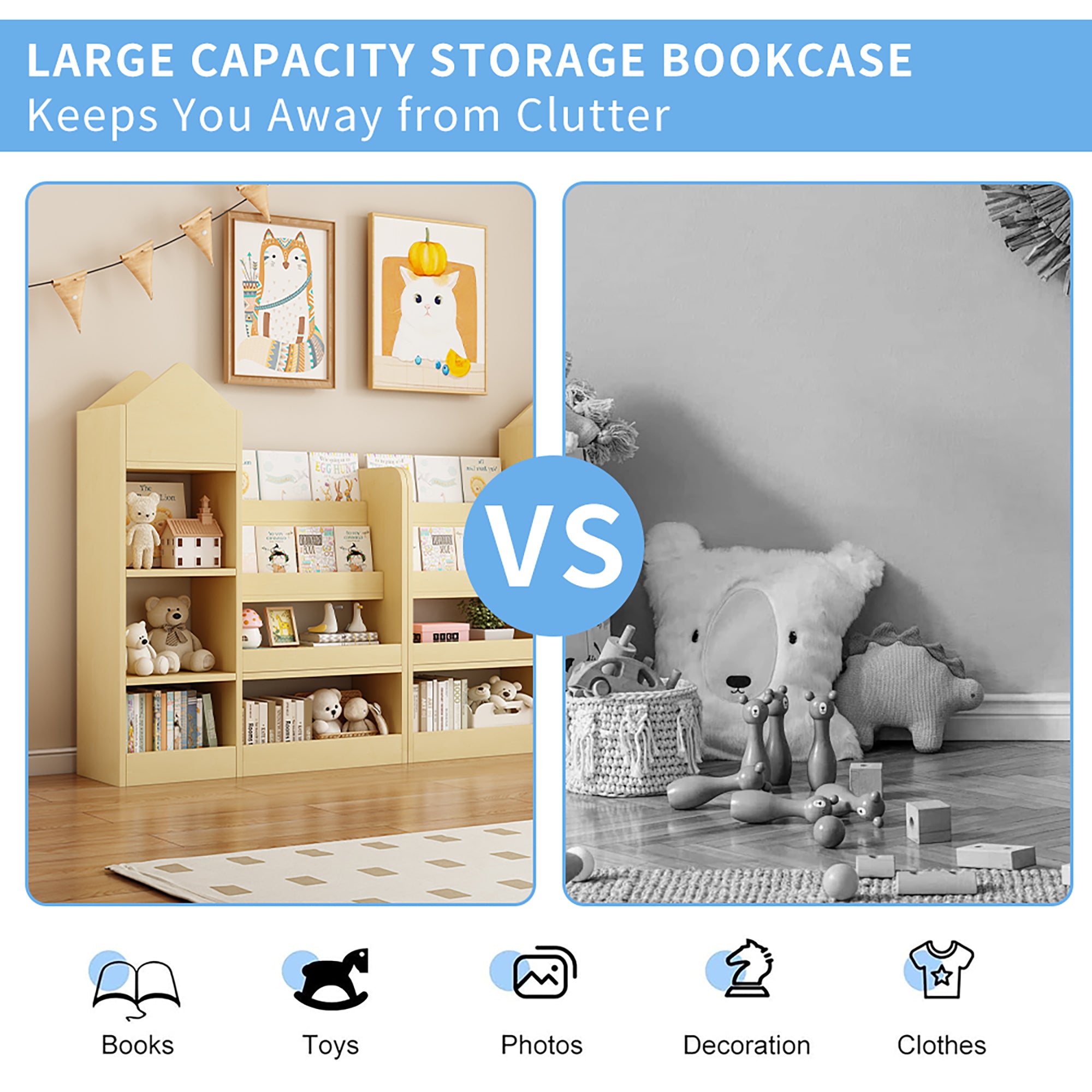Wooden Kids Bookshelf & Toy Storage Organizer – 6-Compartment Kid’s Bin Storage Unit with 2 Basket Bins, Multi-Shelf Cubby for Books & Toys
