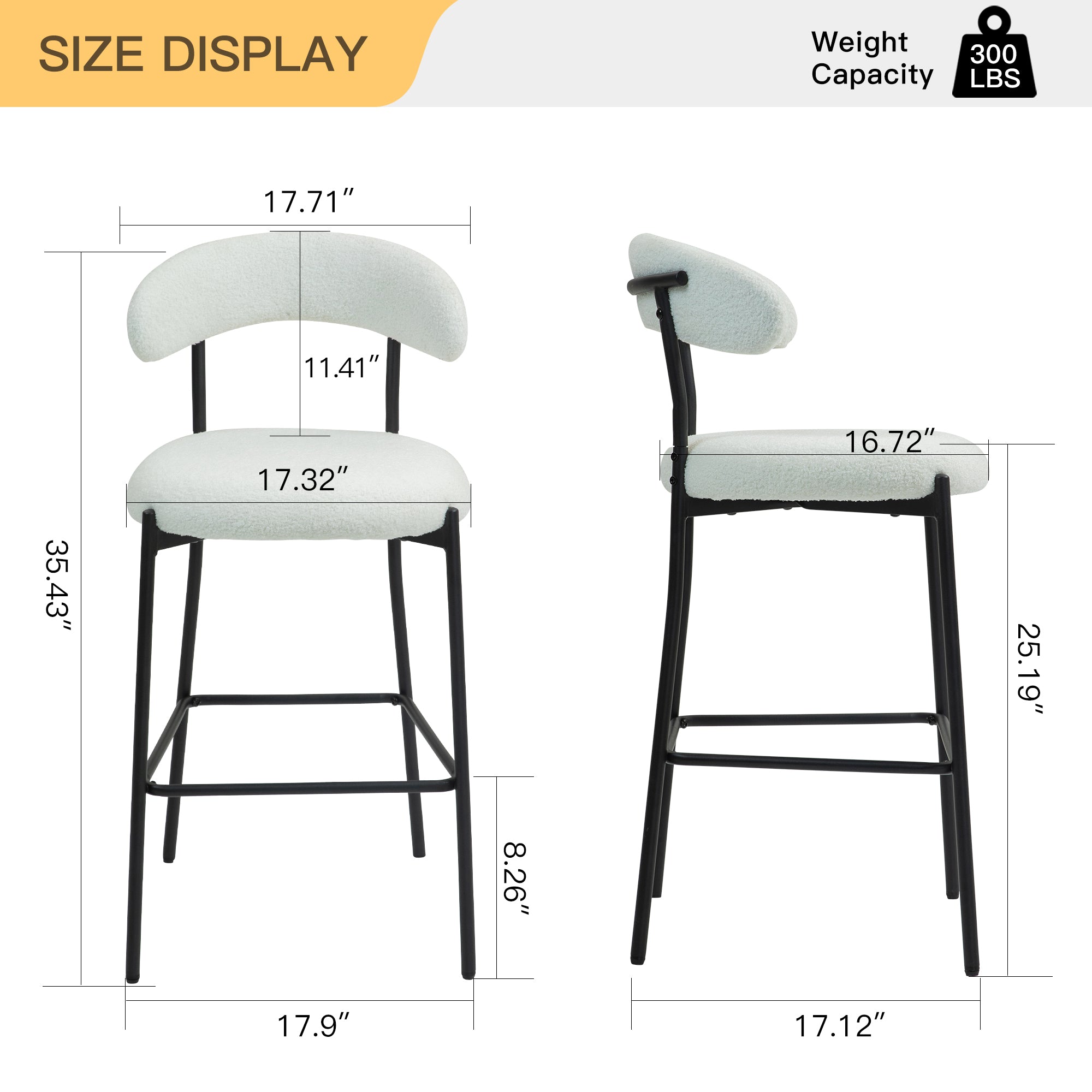 26'' Counter height bar stools Teddy fabric cover kitchen island counter bar stool with black powder coating base and footrest(Snow)