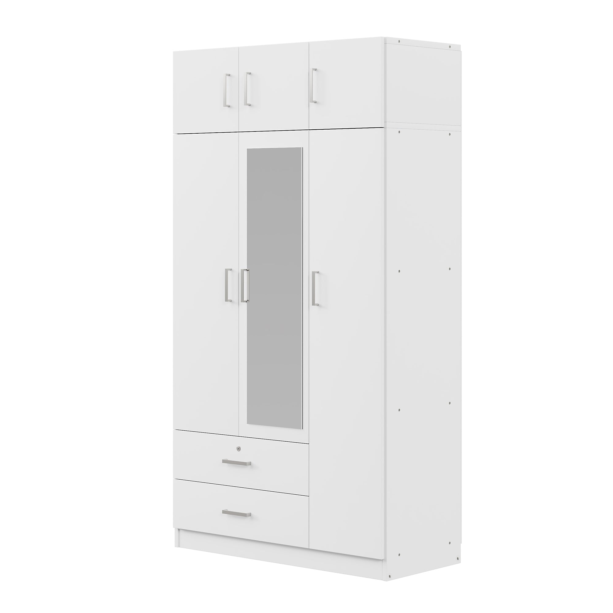 3-Door Mirror Wardrobe with 2 Drawers and Top Cabinet, White