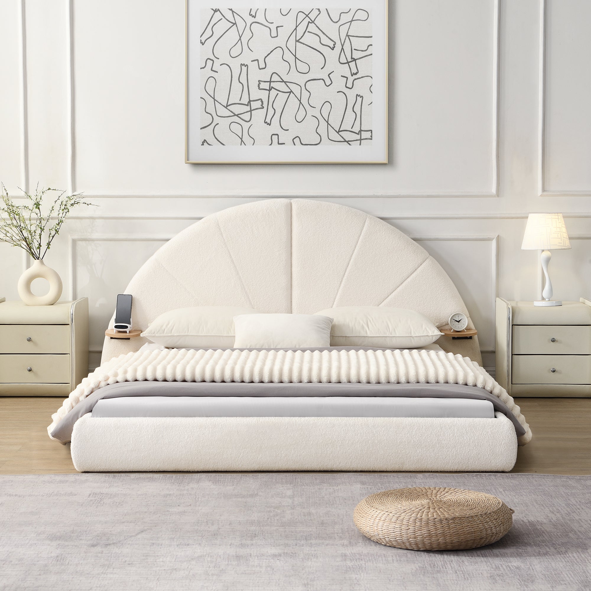 Unique Arched Boucle Bed with Small Table,Queen,Beige