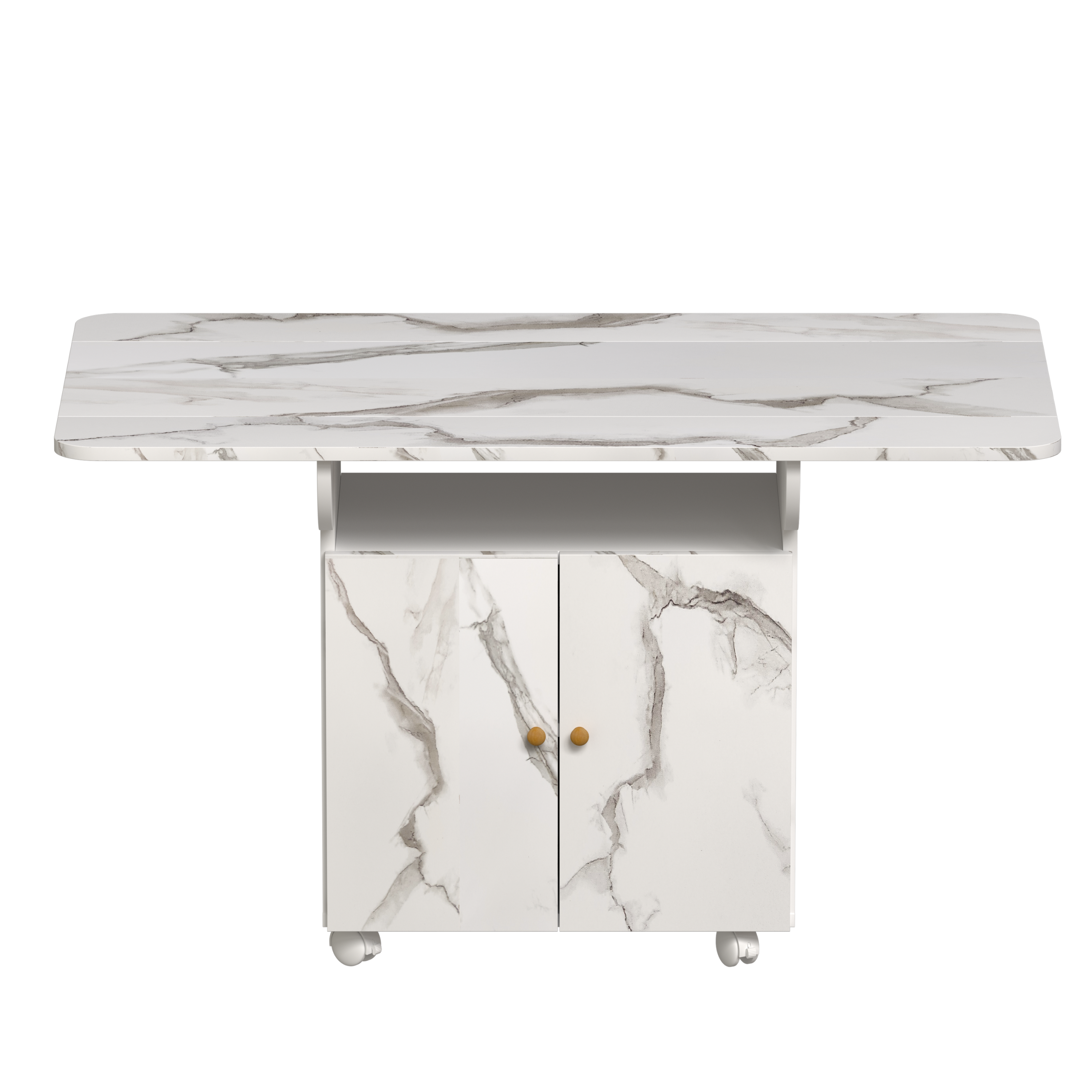 47" Wood Folding Dining Table with Storage Rack and Cabinet, Removable Entryway Table on 6 Wheels, White Marble Kitchen Island, Side and Coffee Table, Space-Saving Versatile Design