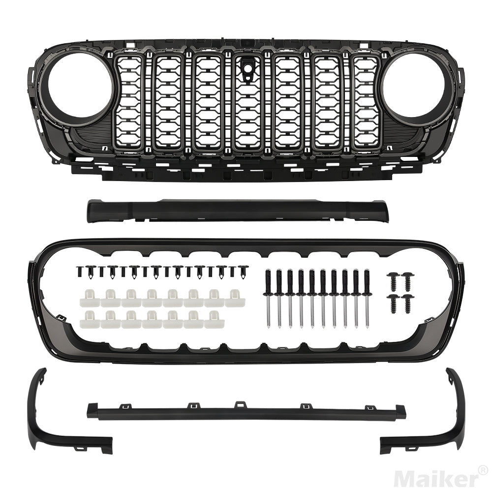 Front Mesh Grille Grid Grill for 2018-2024 Jeep Wrangler Rubicon Sahara Sport JL/JT Grill With Camera Hole Black Plastic