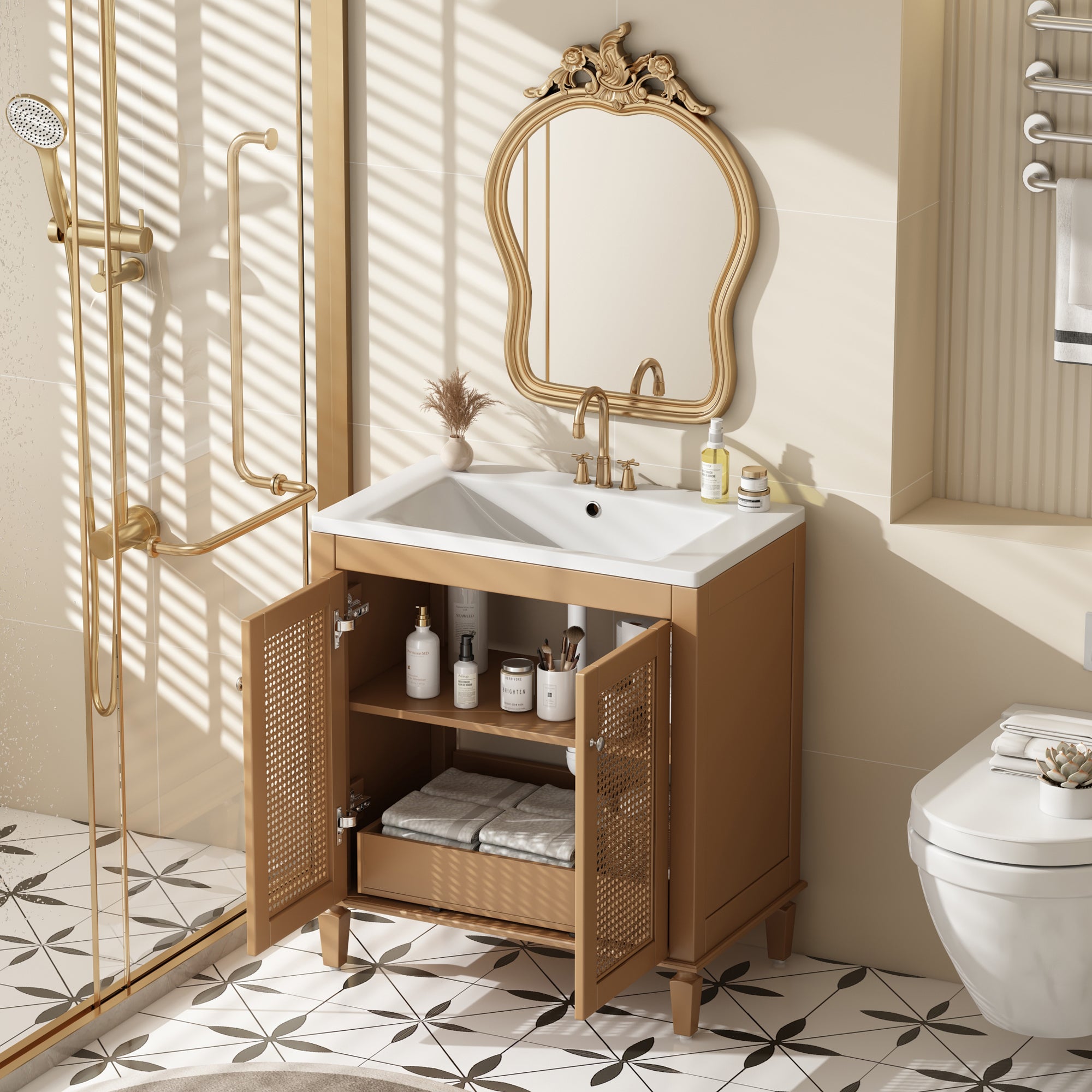 30 Inch Bathroom Vanity with Resin Sink, Freestanding Bathroom Vanity Set with Hidden Drawer, Storage Cabinet for Bathroom, Solid Wood Frame Bathroom Cabinet (SW000131AAD)