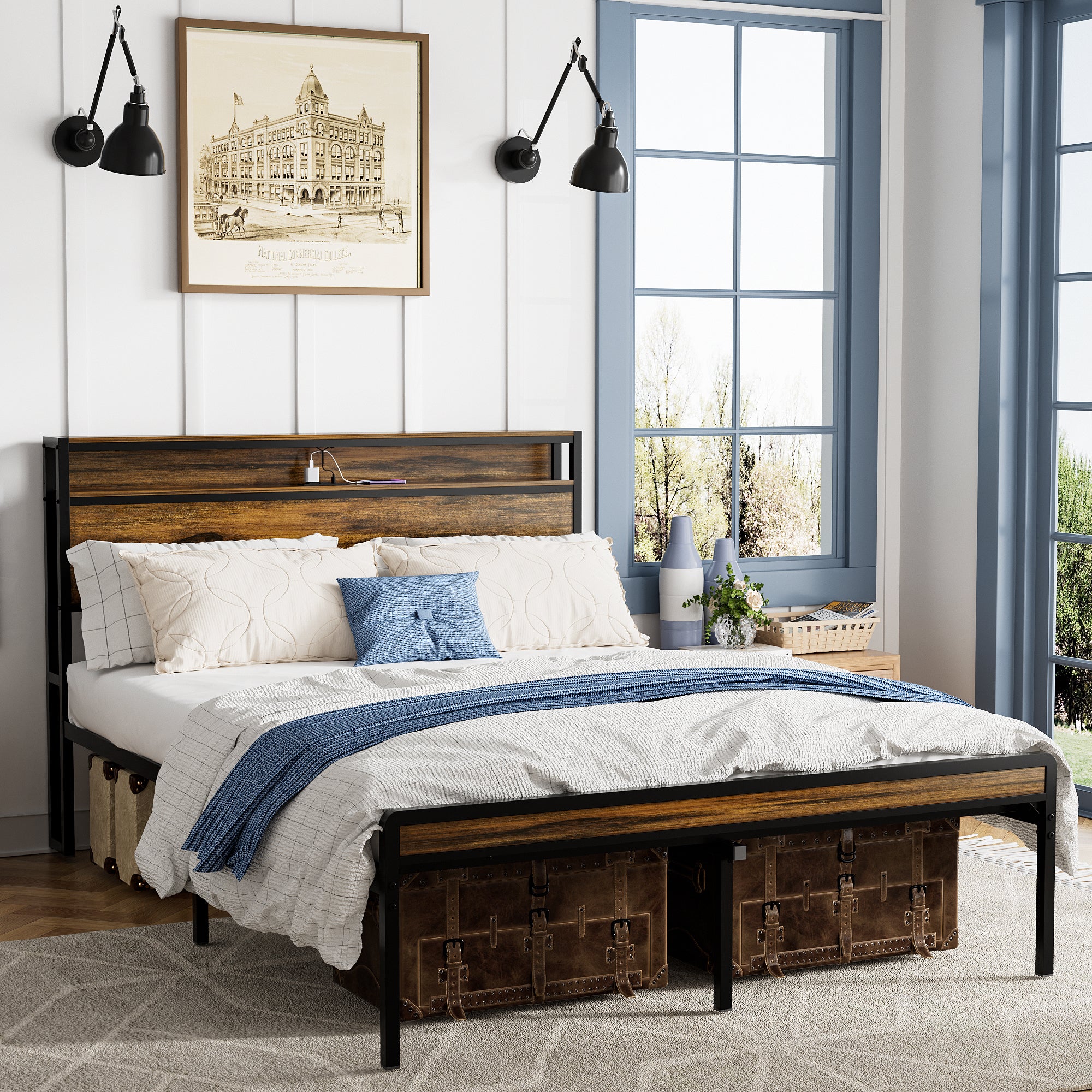 Queen Size Bed Frame with Storage Headboard, LED Light & Charging Station | Vintage Brown