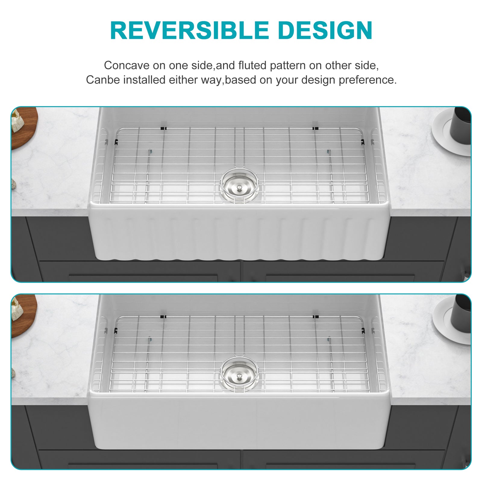 White Kitchen Sink - 33 inch White Porcelain Ceramic Single Bowl Reversible Design Kitchen Sink