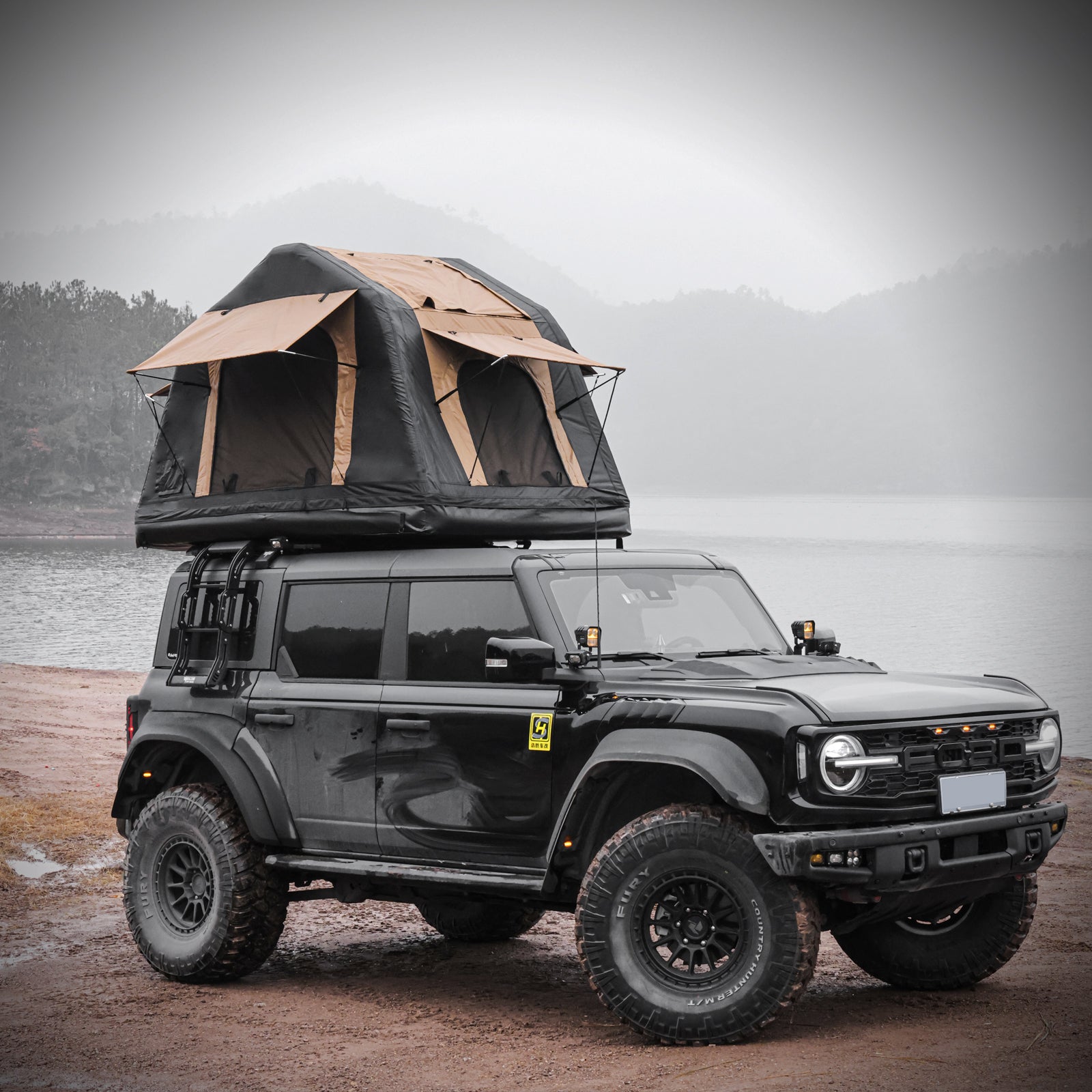 Foldable Amphibious Inflatable Roof Top Tent for 2-3 People – Two-Tone Khaki & Black, SUV & Truck Camping Tent (No Ladder)