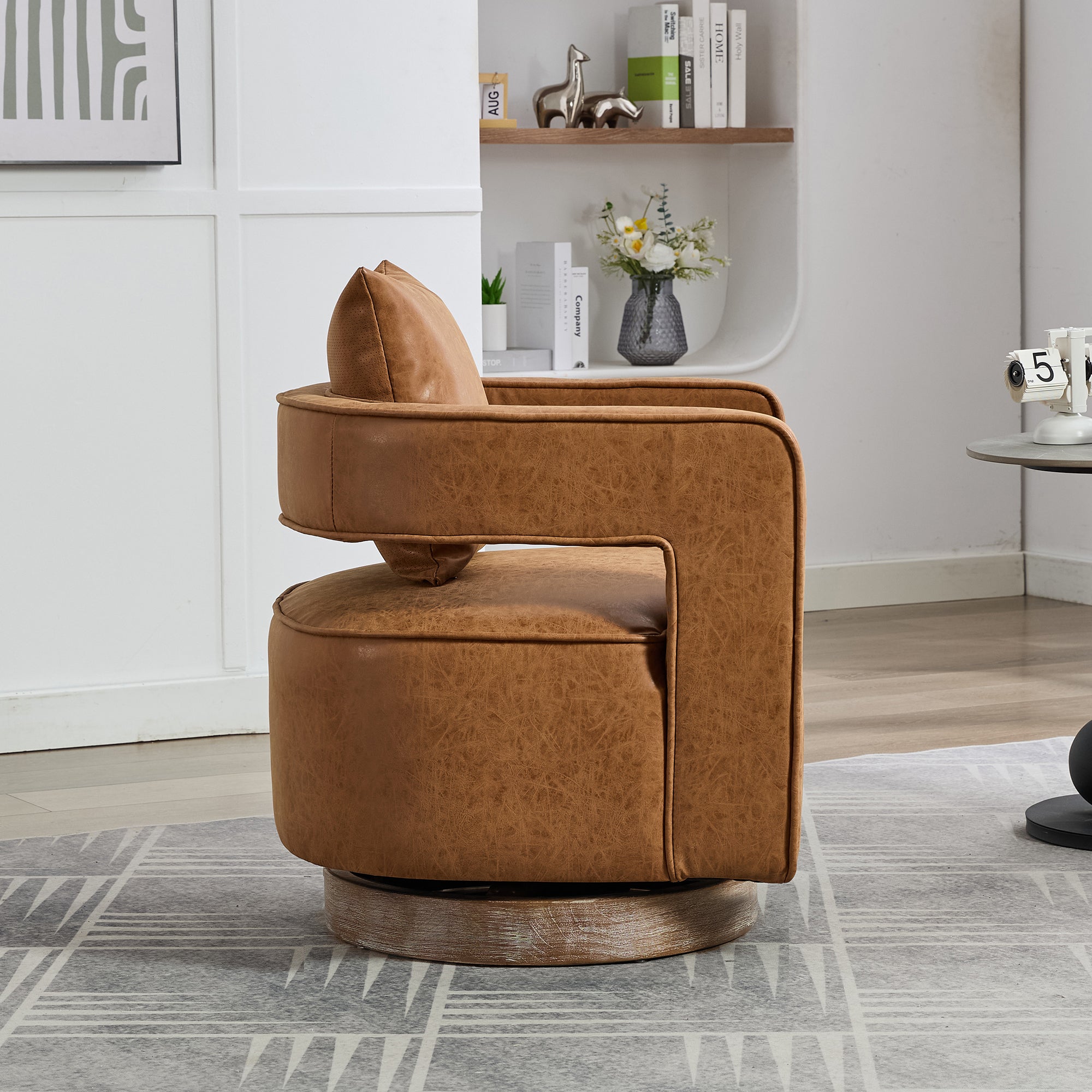 29.1"W Swivel Barrel Accent Chair – Modern PU Leather Open Back Club Chair with Weathered Base, Brown, for Living Room, Bedroom, Office, Lounge