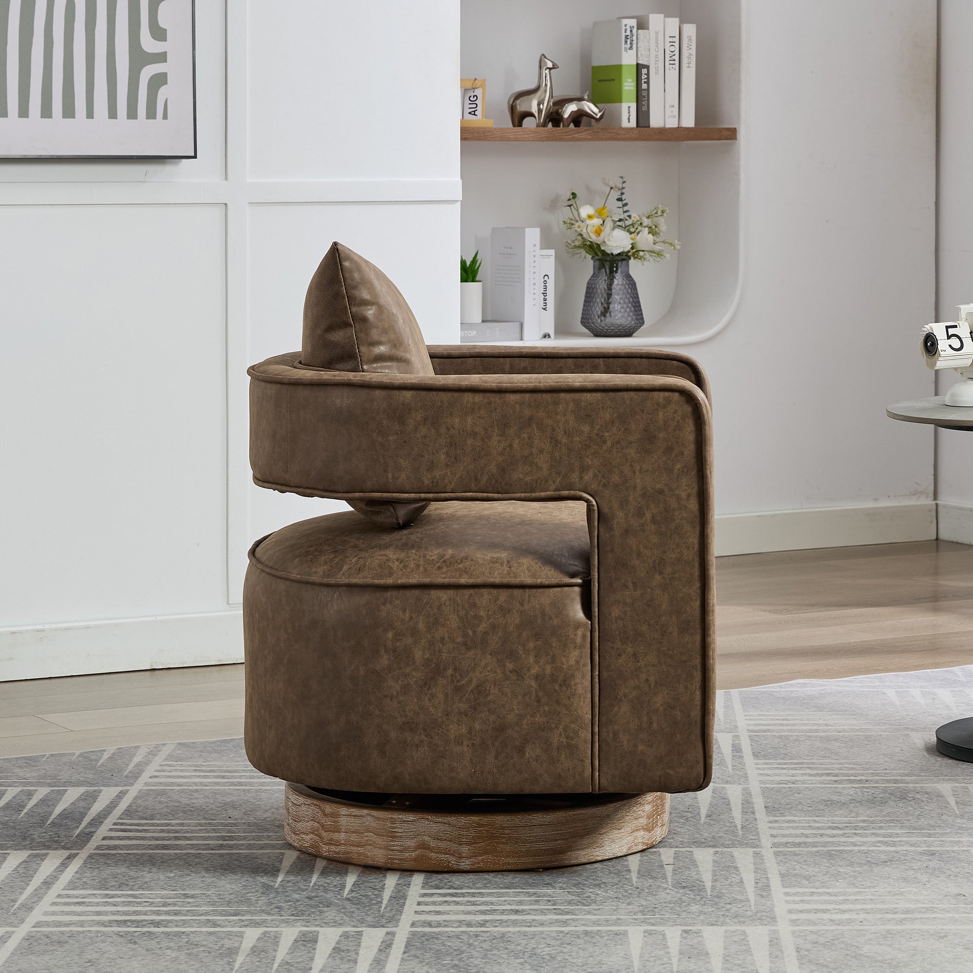 29.1"W Swivel Accent Open Back Barrel Chair Modern Comfy Sofa Chair With Weathered Base For Nursery Bedroom Living Room Hotel Office, Club Chair Leisure Arm Chair For Lounge (Coffee,PU)