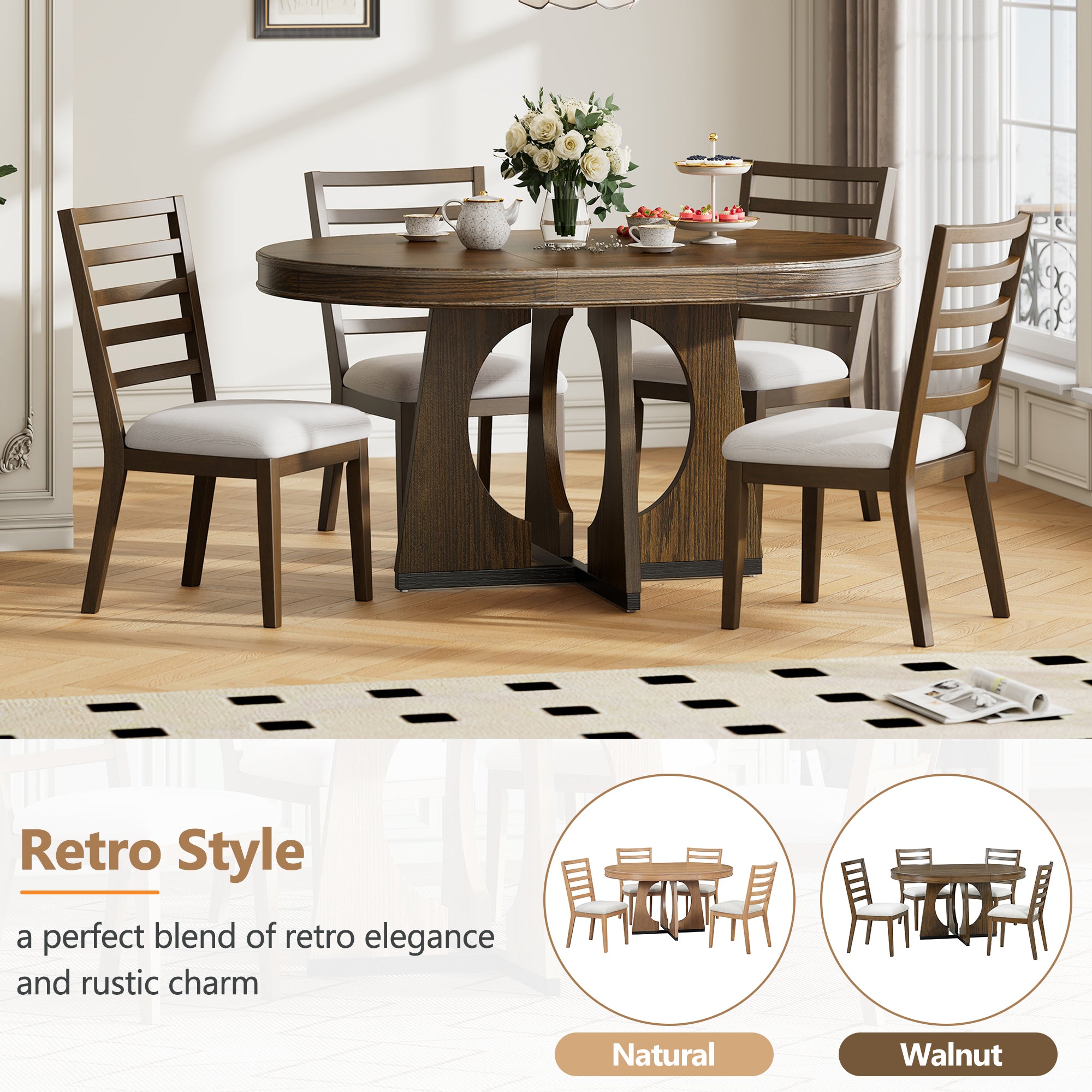 TREXM 5-Piece Round Dining Table Set for 4 – Extendable Dining Table with 16" Removable Leaf and Chairs, Retro Geometric Design for Kitchen or Dining Room, Walnut Finish