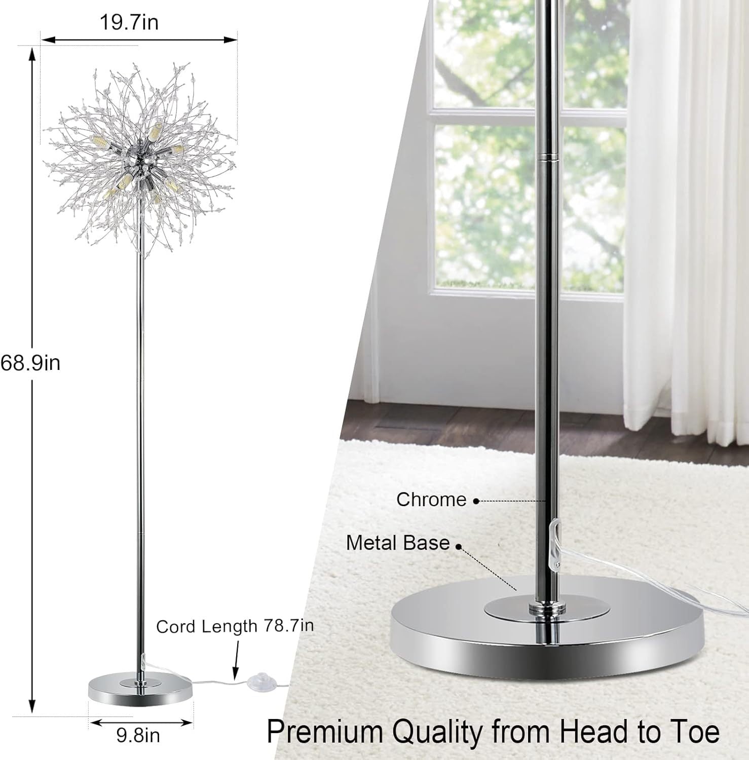 Crystal Floor Lamp for Bedroom, Floor Lamp for Living Room, Elegant Standing Lamp, 69" Tall Pole Lamp, Modern Floor Lamp for Room Decor, 32 Firework Crystal Harnesses Included, Chrome Finish