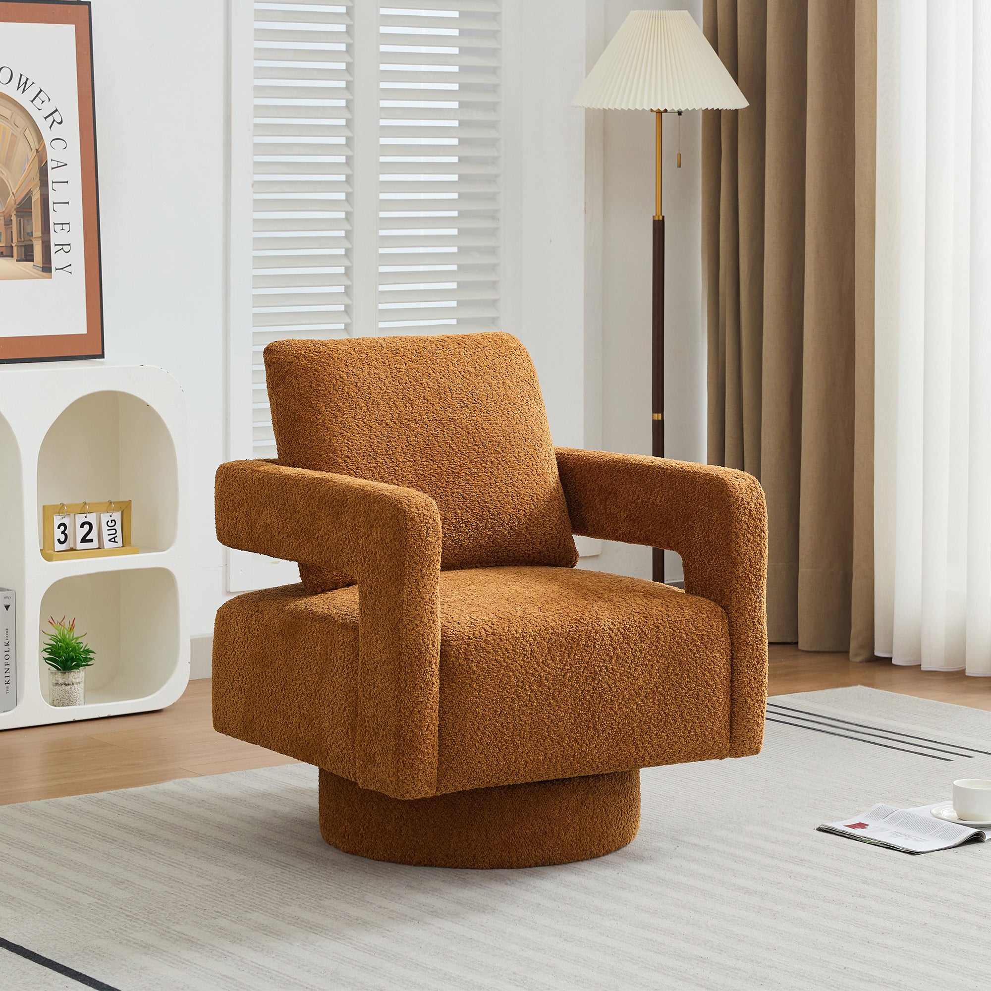 29.13" W Square Swivel Accent Chair, Modern Rotating Arm Chair with Open Back,360 Degree Rotation, Lounge Club Chair with Removable Back Cushion for Living Room, Hotel, Bed Room,Caramel