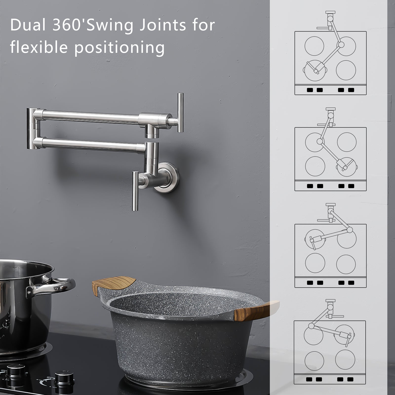 Wall Mount Commercial Pot Filler Faucet | Blackened 304 Stainless Steel Kitchen Folding Faucet
