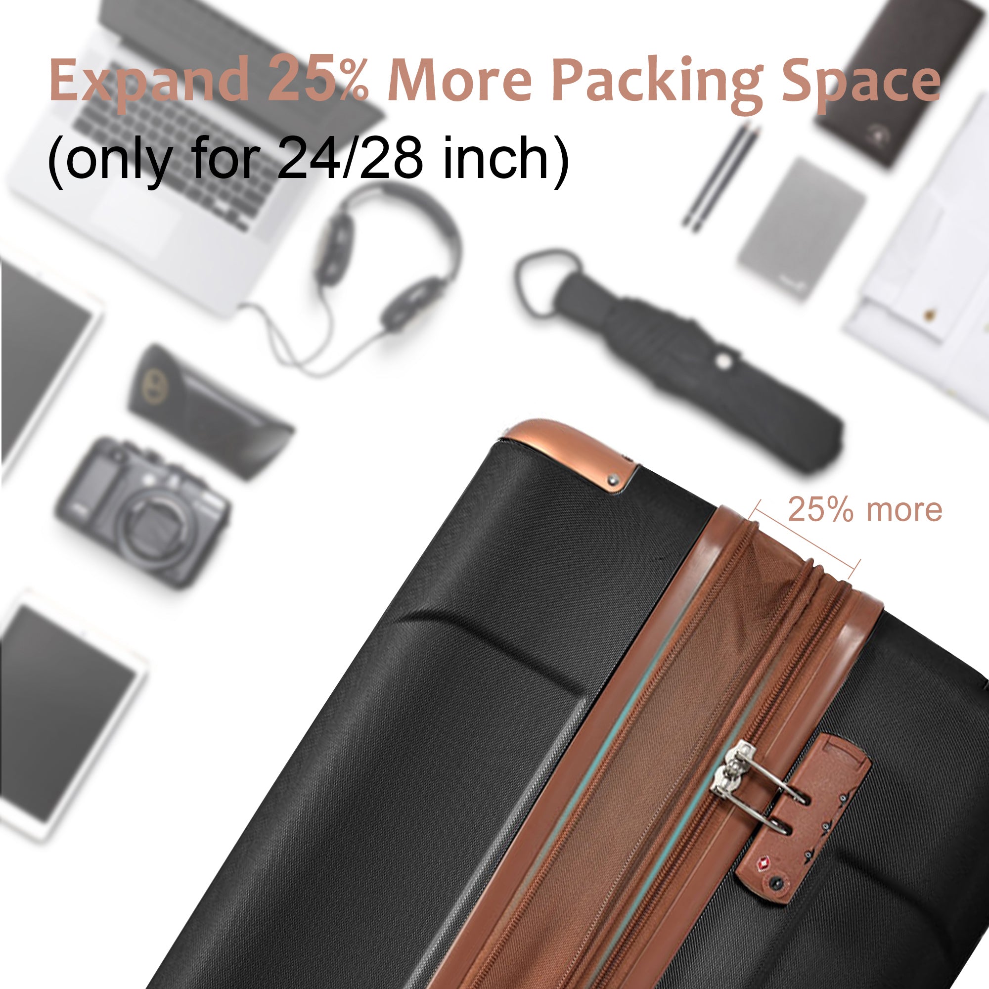 Hardshell Luggage, Lightweight Durable ABS Suitcases with Double Wheels, Expandable 28-inch Checked Luggage 28' (Black Brown)