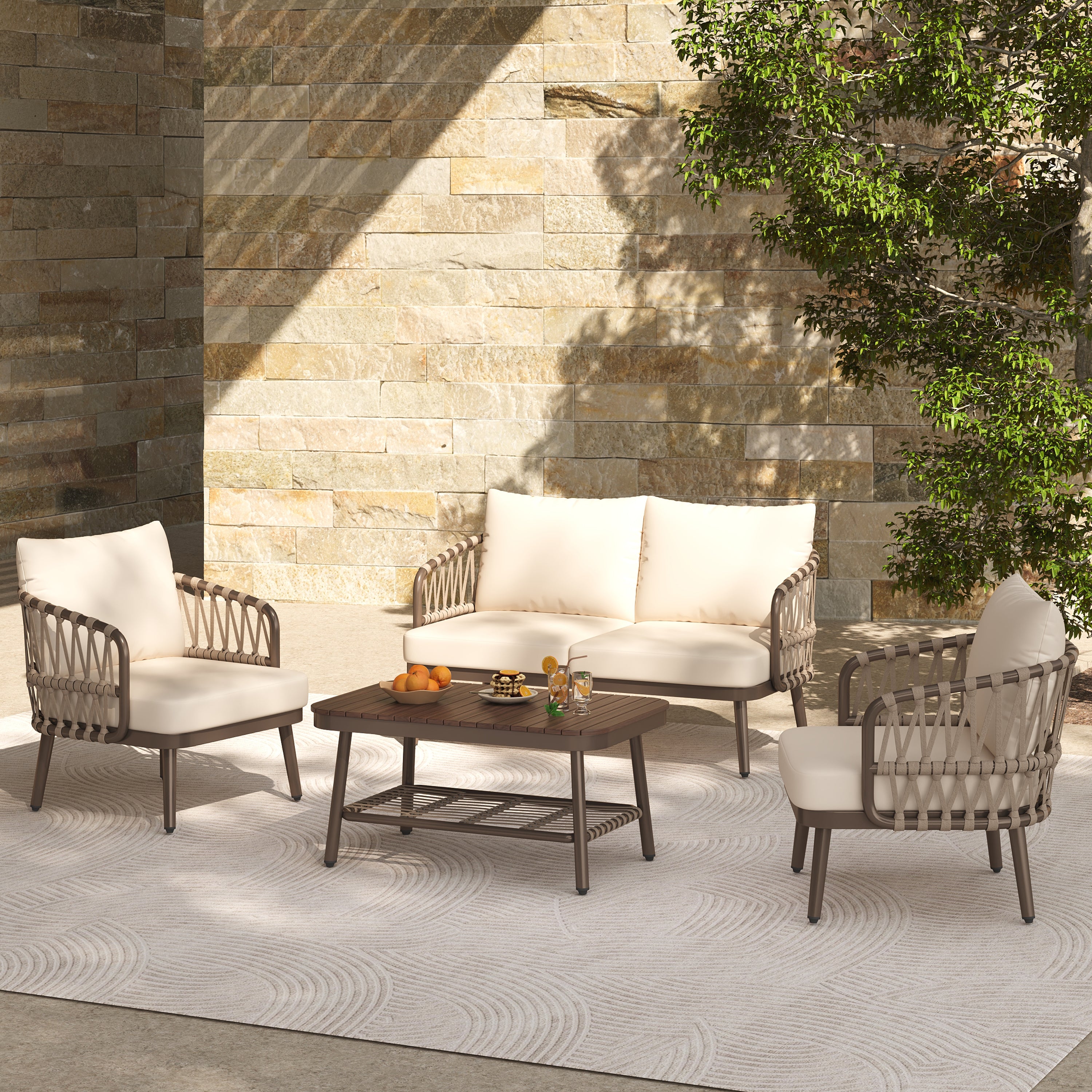 4-Piece Outdoor Patio Furniture Set – Metal Chairs with Woven Rope U-Shaped Backrest & Coffee Table | Brown & Beige Conversation Set for Garden, Poolside, Balcony