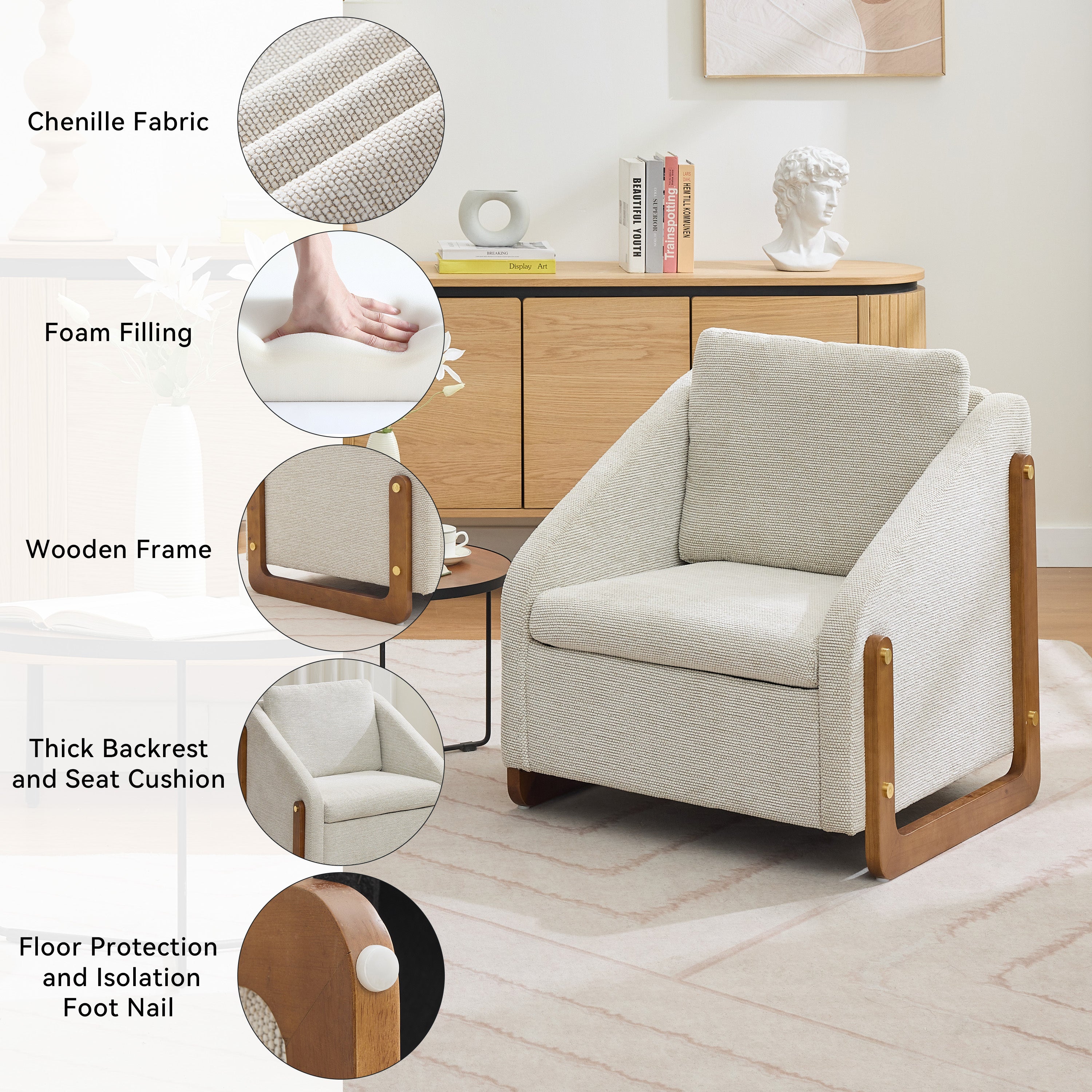057-Set of 1 Chenille Fabric Modern Upholstered Armchair with Wooden Side Frame , Accent Leisure Chair with Cushioned Seat and Backrest for Living Room, Bedroom,Beige