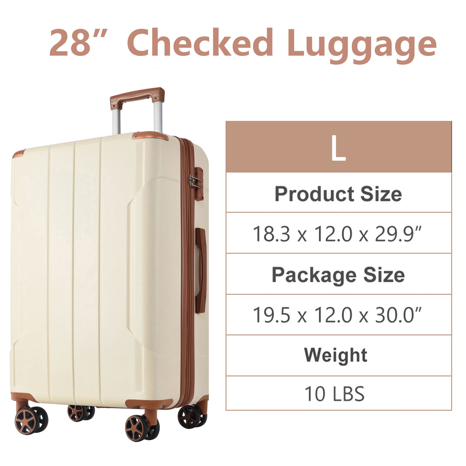 Hardshell Luggage, Lightweight Durable ABS Suitcases with Double Wheels, Expandable 28-inch Checked Luggage 28' (White Brown)
