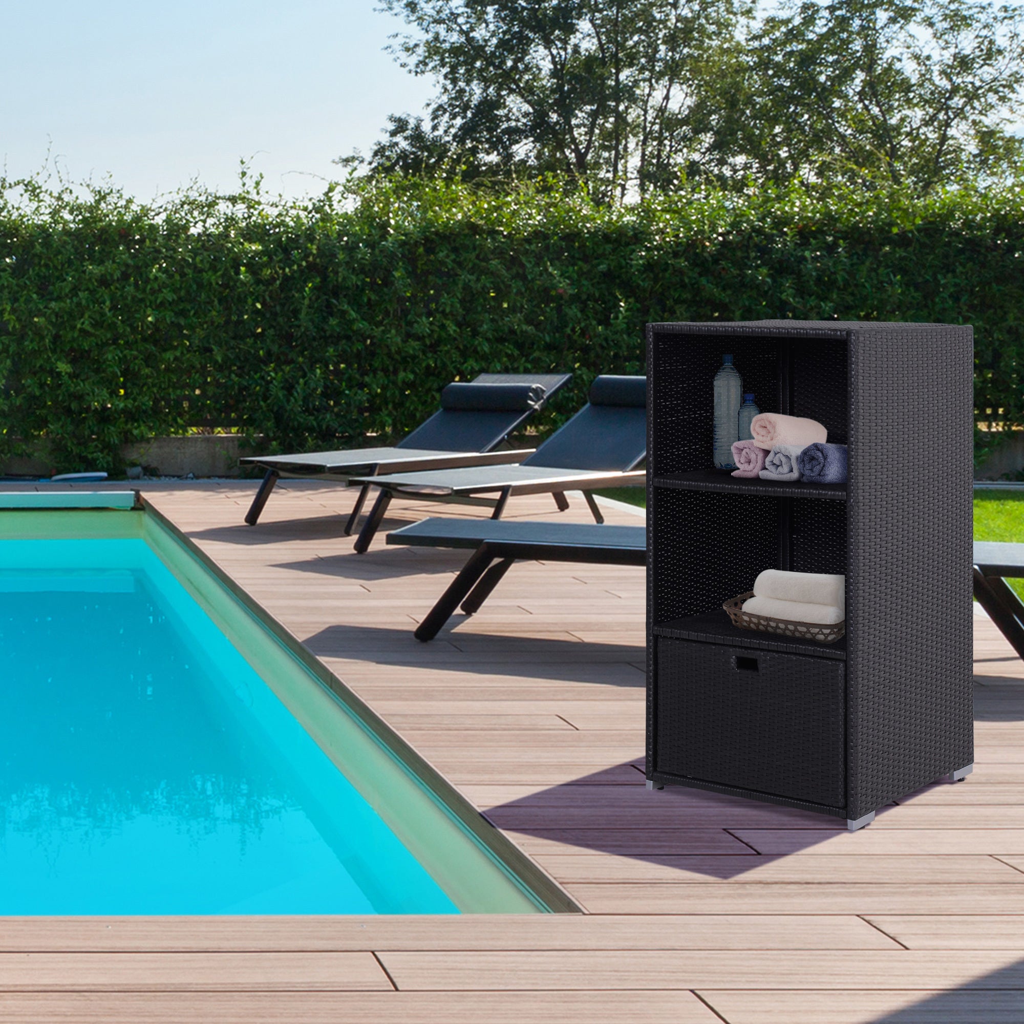 Outsunny Waterproof Rattan Wicker Pool Towel Rack | 2-Shelf Outdoor Spa Storage (Espresso)