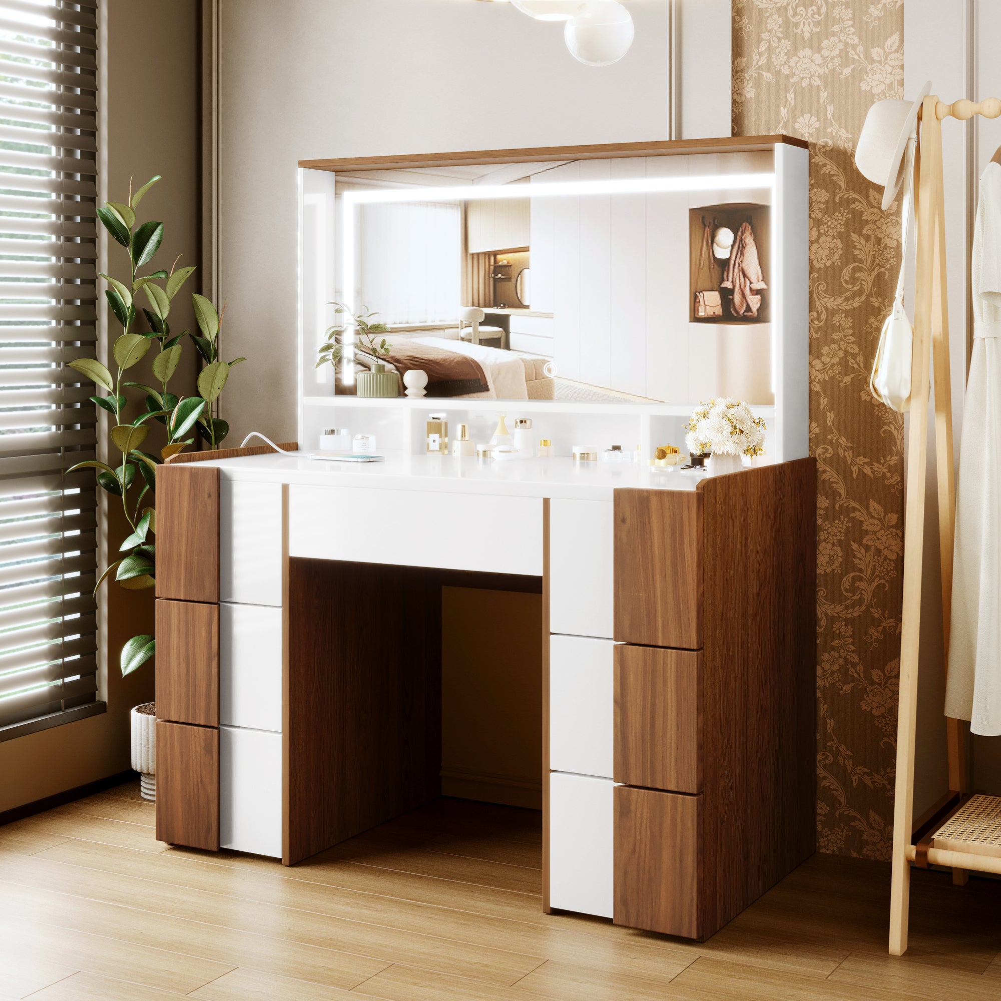 4.4" Elegant Vanity Table with Lighted Mirror & Power Outlet – Makeup Dressing Table with 7 Drawers, Storage Shelves, and Brown Solid Wood-Style Finish