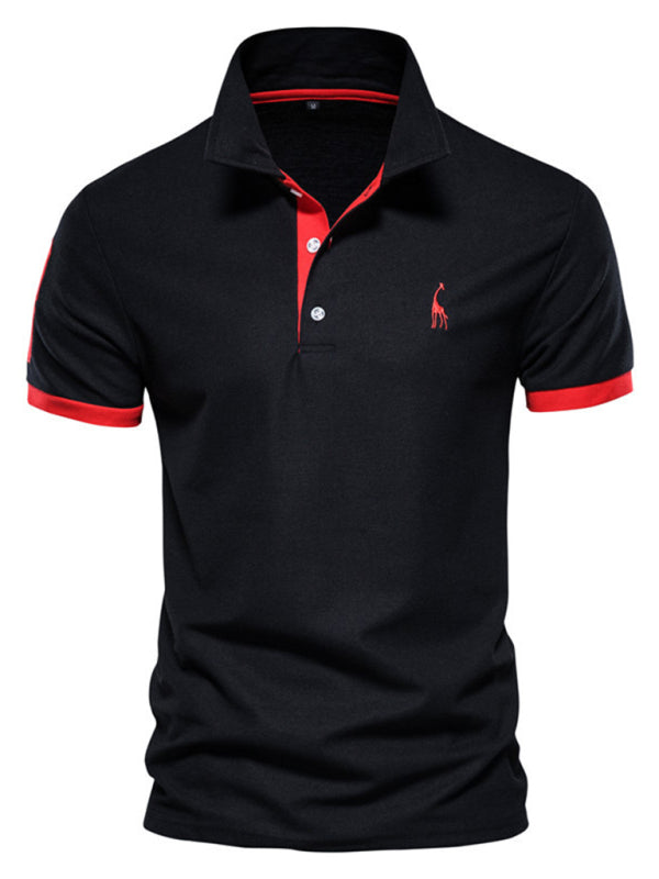 Men's short-sleeved lapel polo shirt with deer embroidery - 35% cotton